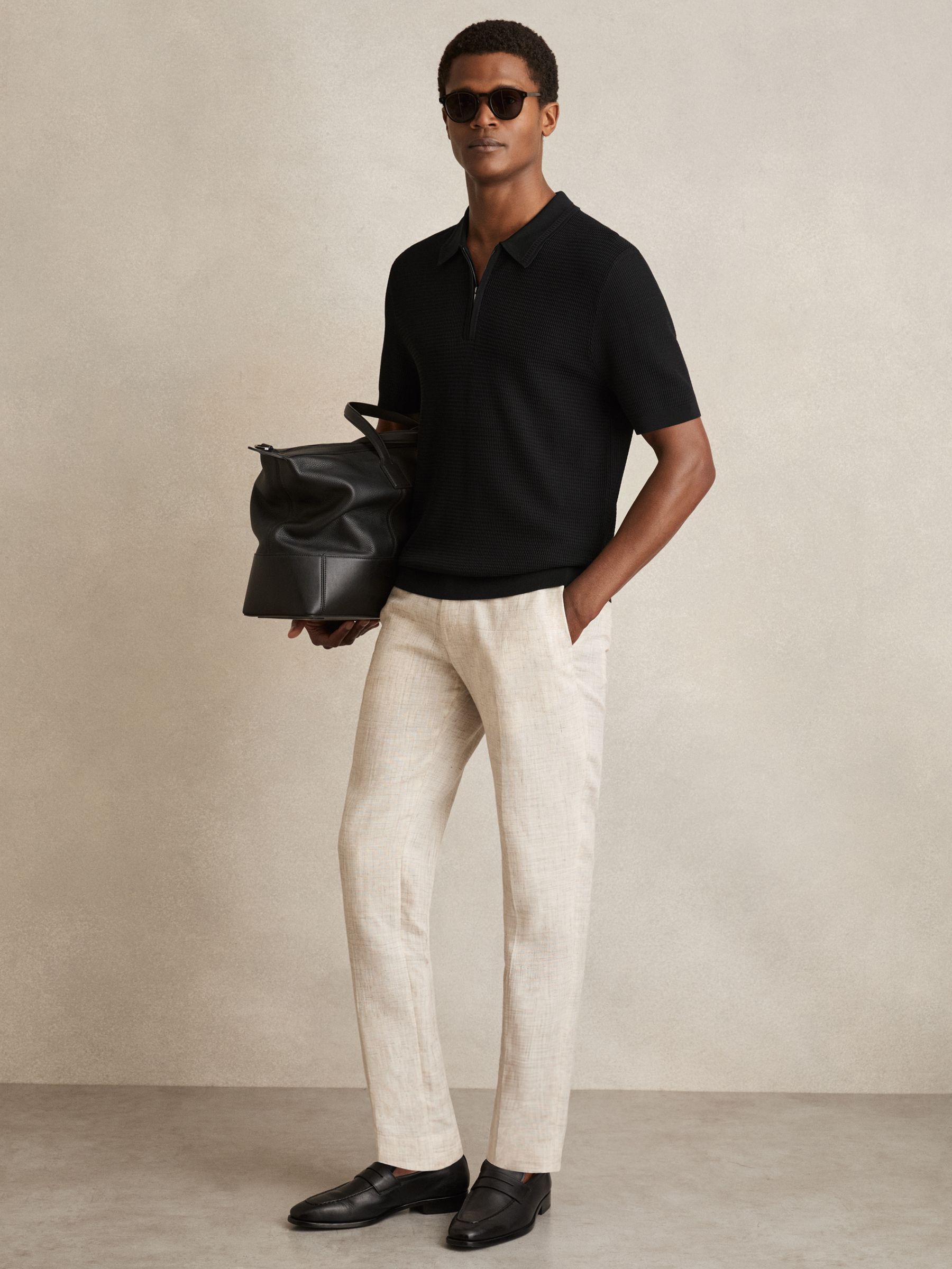 Reiss Textured Half-Zip Polo Shirt in Black | REISS