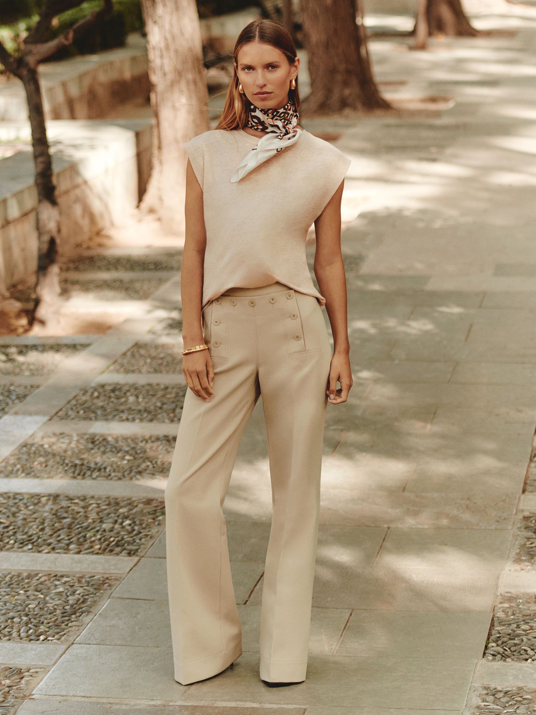 Button-Detail Wide-Leg Trousers in Neutral - Image 1 of 7