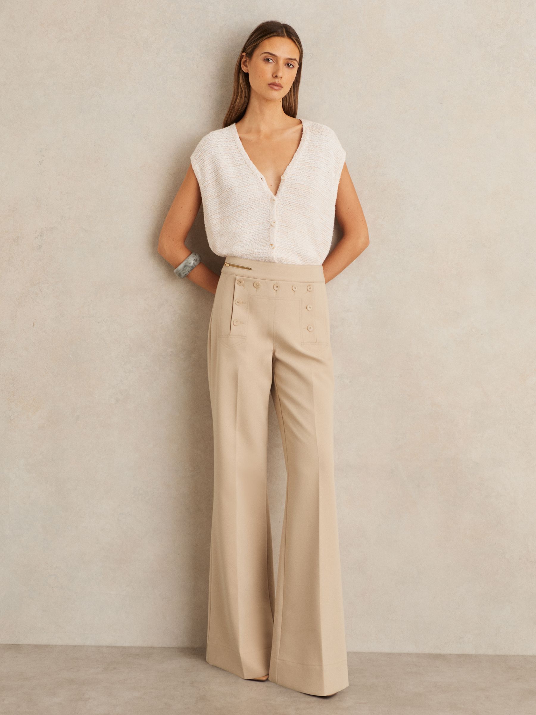 Button-Detail Wide-Leg Trousers in Neutral - image 3