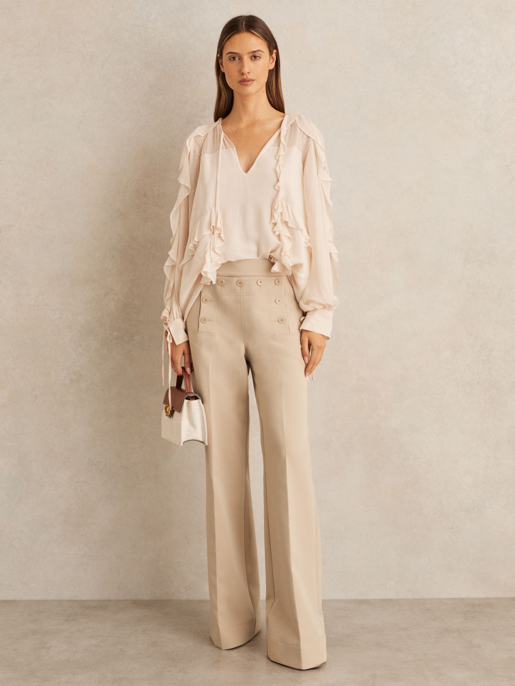 Petite Button-Detail Wide-Leg Trousers in Neutral - Image 1 of 7