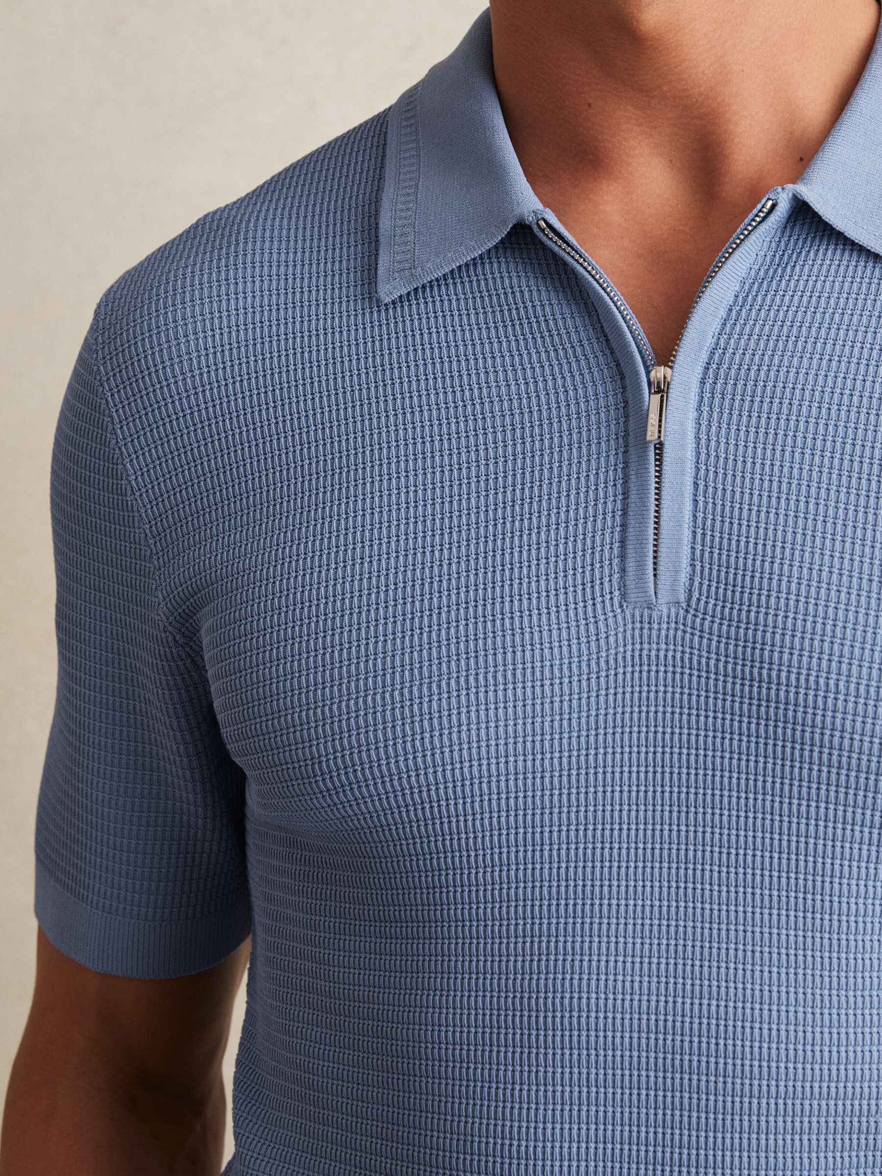 Textured Half-Zip Polo Shirt in Blue - Image 3 of 5