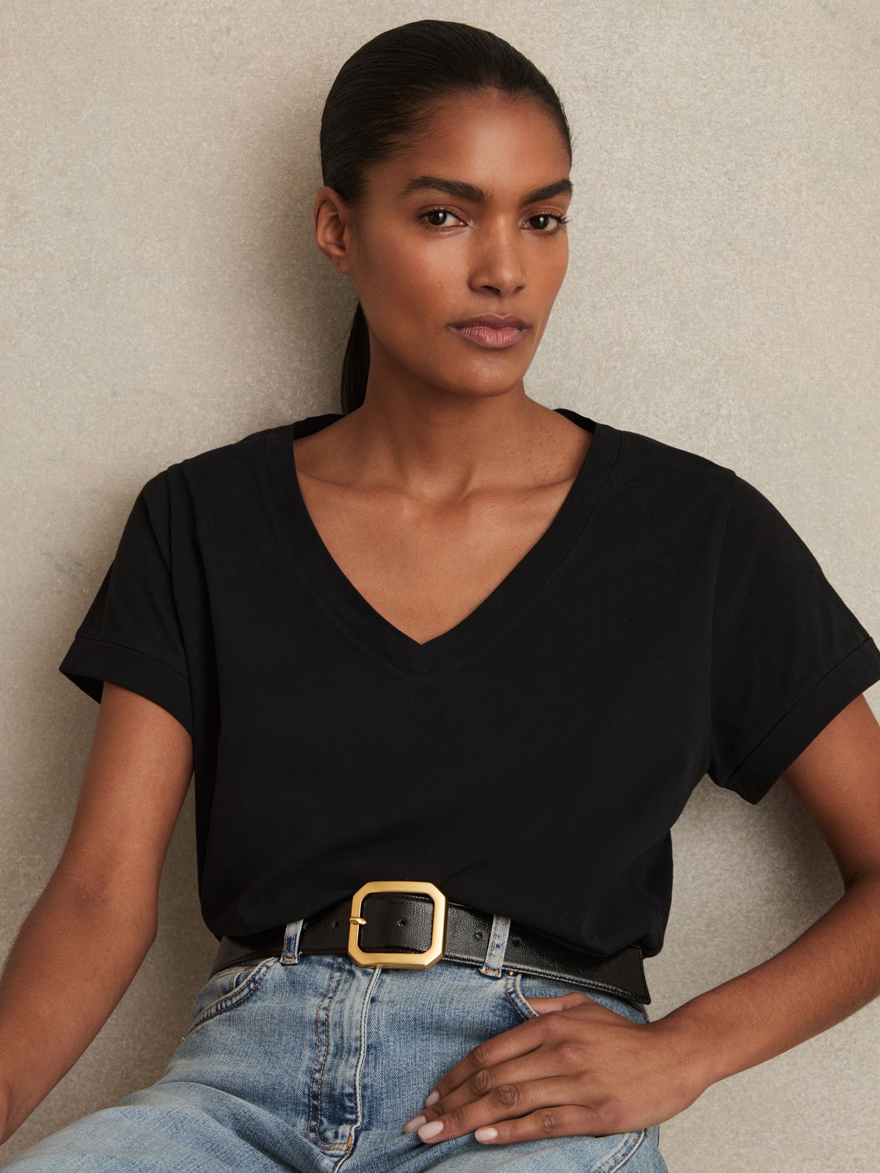 Brushed-Cotton V-Neck T-Shirt in Black - Image 1 of 6 Brushed-Cotton V-Neck T-Shirt in Black - Image 1 of 6
