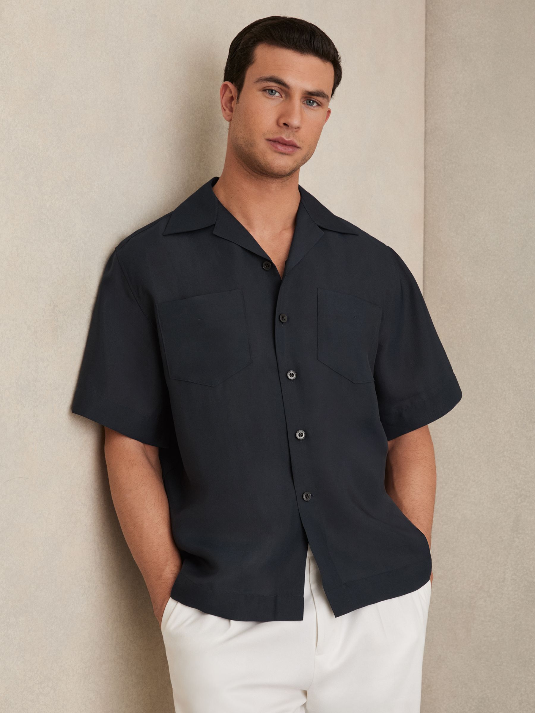 Organza Twin-Pocket Oversize Shirt in Navy - Image 1 of 6