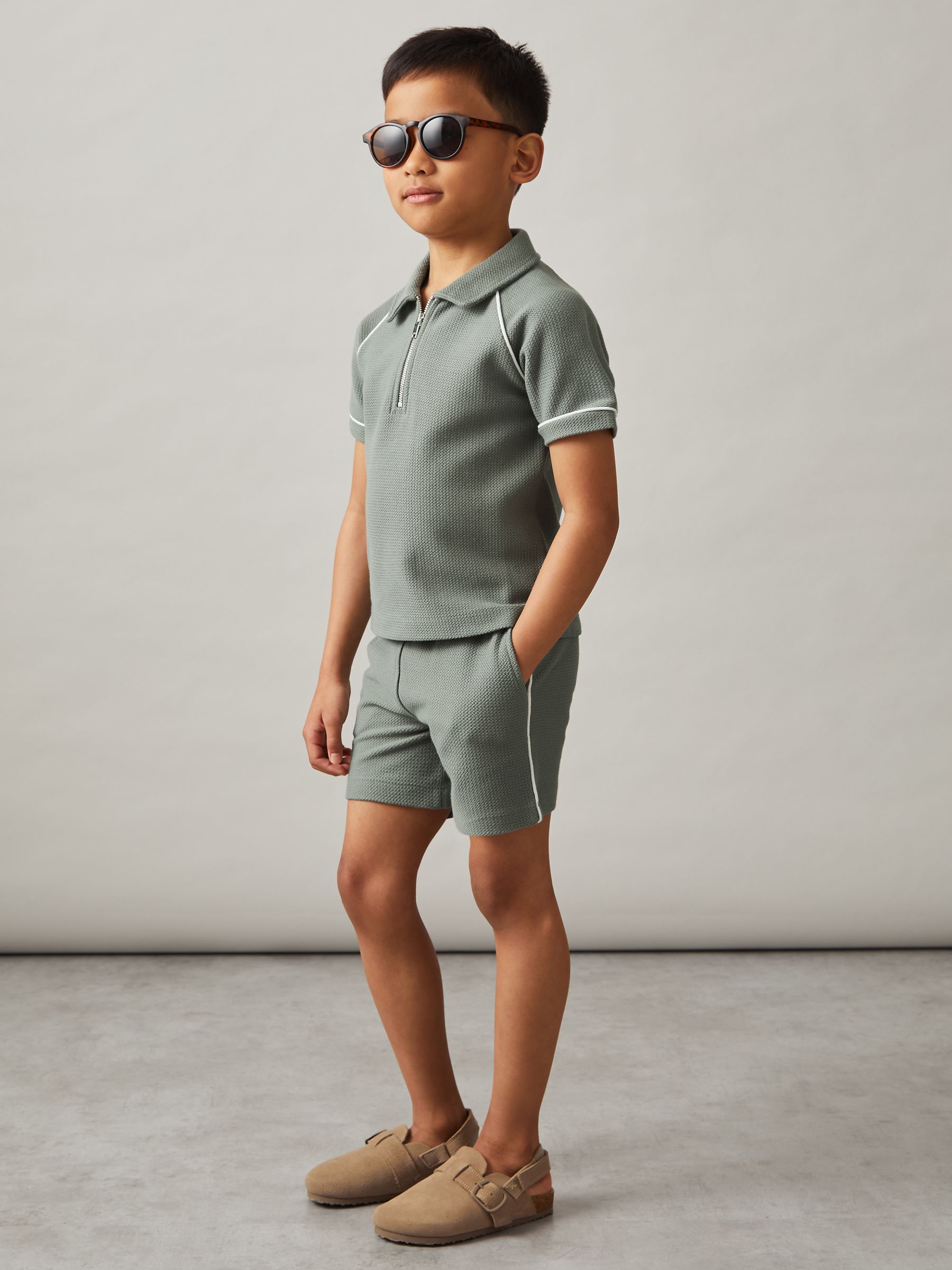 13-14 yrs Cotton Textured Piped Shorts in Sage Green - Image 2 of 4