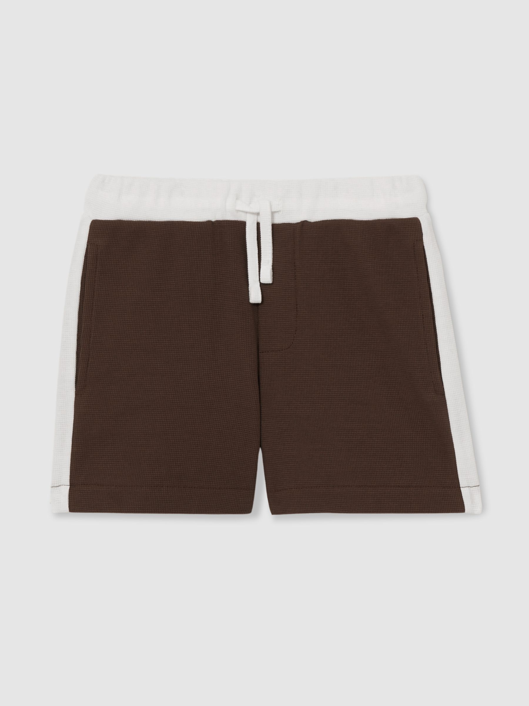 13-14 yrs Cotton Waffle-Knit Badge Shorts in Chocolate Brown / Off White - Image 1 of 4 13-14 yrs Cotton Waffle-Knit Badge Shorts in Chocolate Brown / Off White - Image 1 of 4