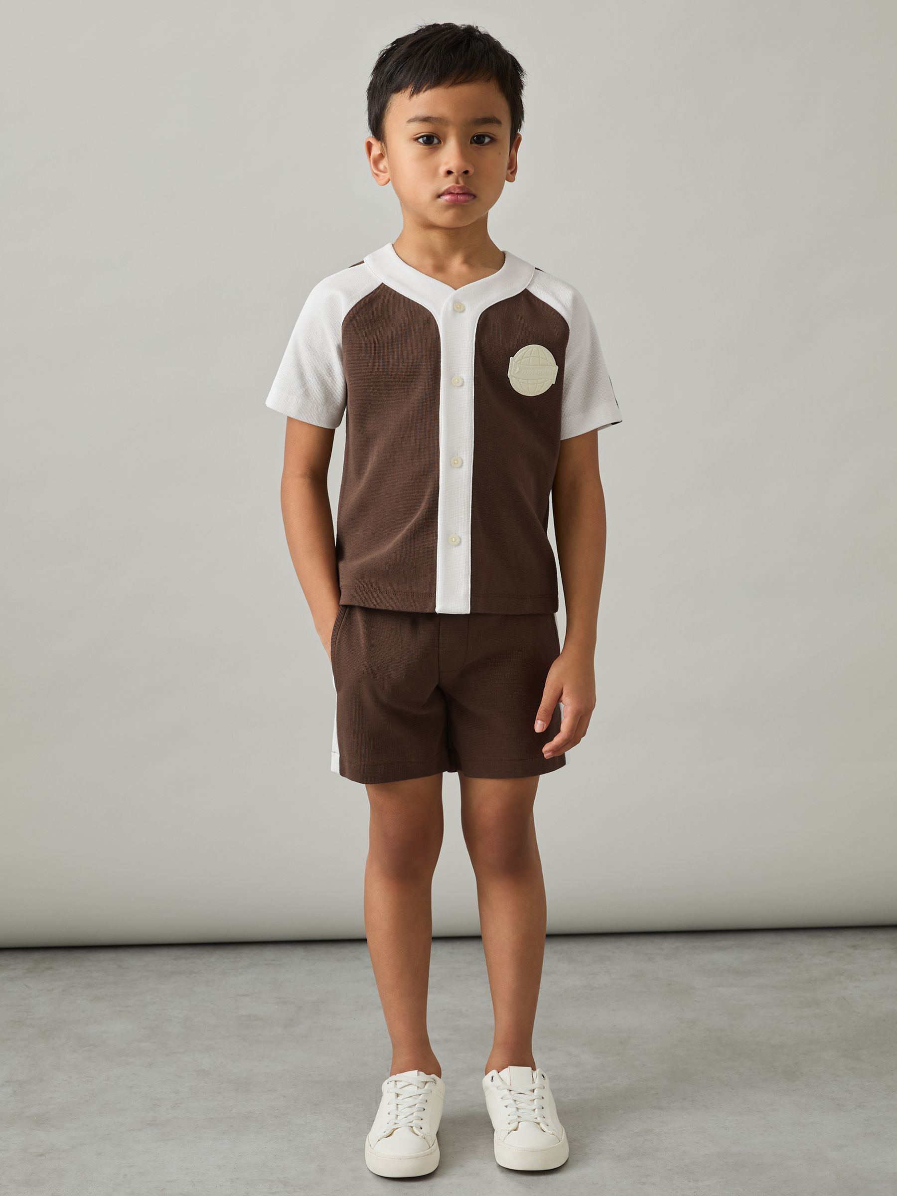 13-14 yrs Cotton Waffle-Knit Badge Shorts in Chocolate Brown / Off White - Image 3 of 4