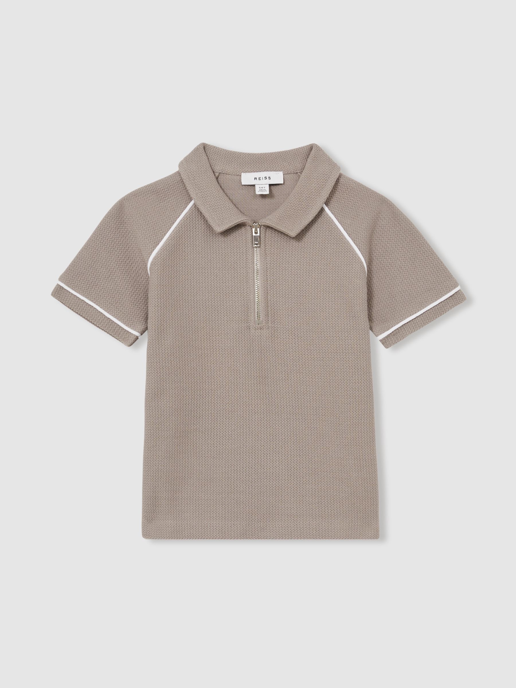 Cotton Textured Half Zip Polo Shirt in Mink Brown - Image 1 of 4