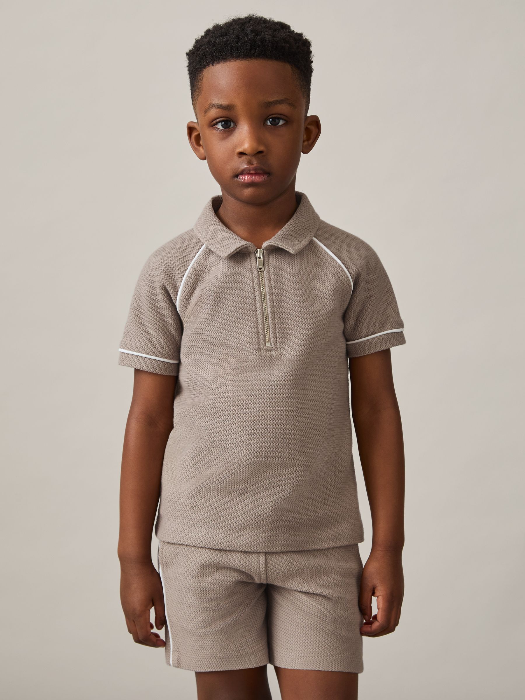 Cotton Textured Half Zip Polo Shirt in Mink Brown - Image 3 of 4