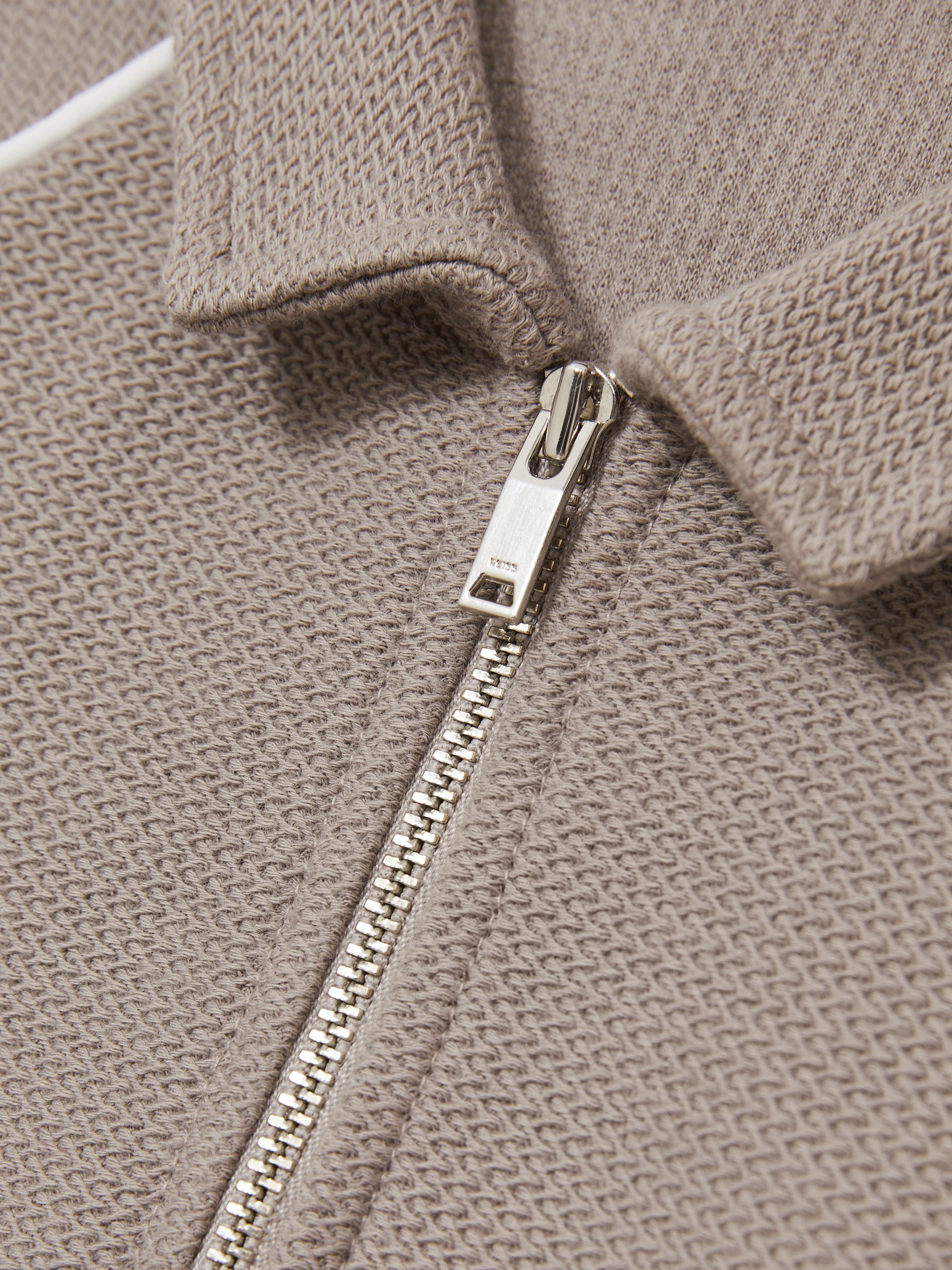 Cotton Textured Half Zip Polo Shirt in Mink Brown - Image 4 of 4