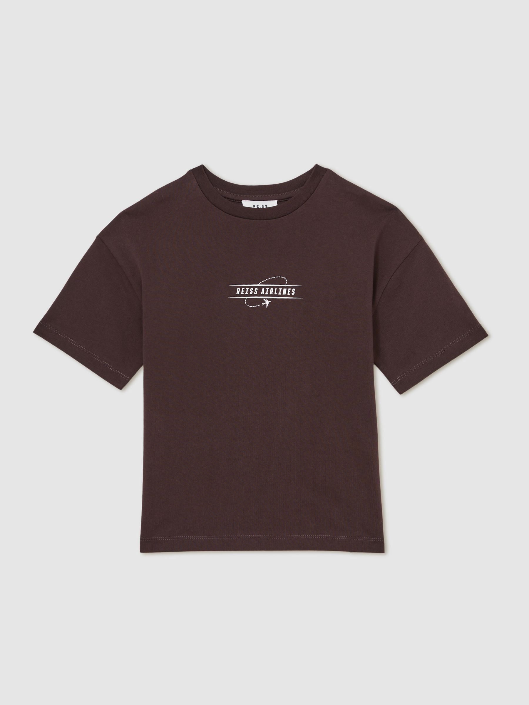 Cotton Airlines-Print Oversize T-Shirt in Chocolate Brown/Off White - Image 1 of 4