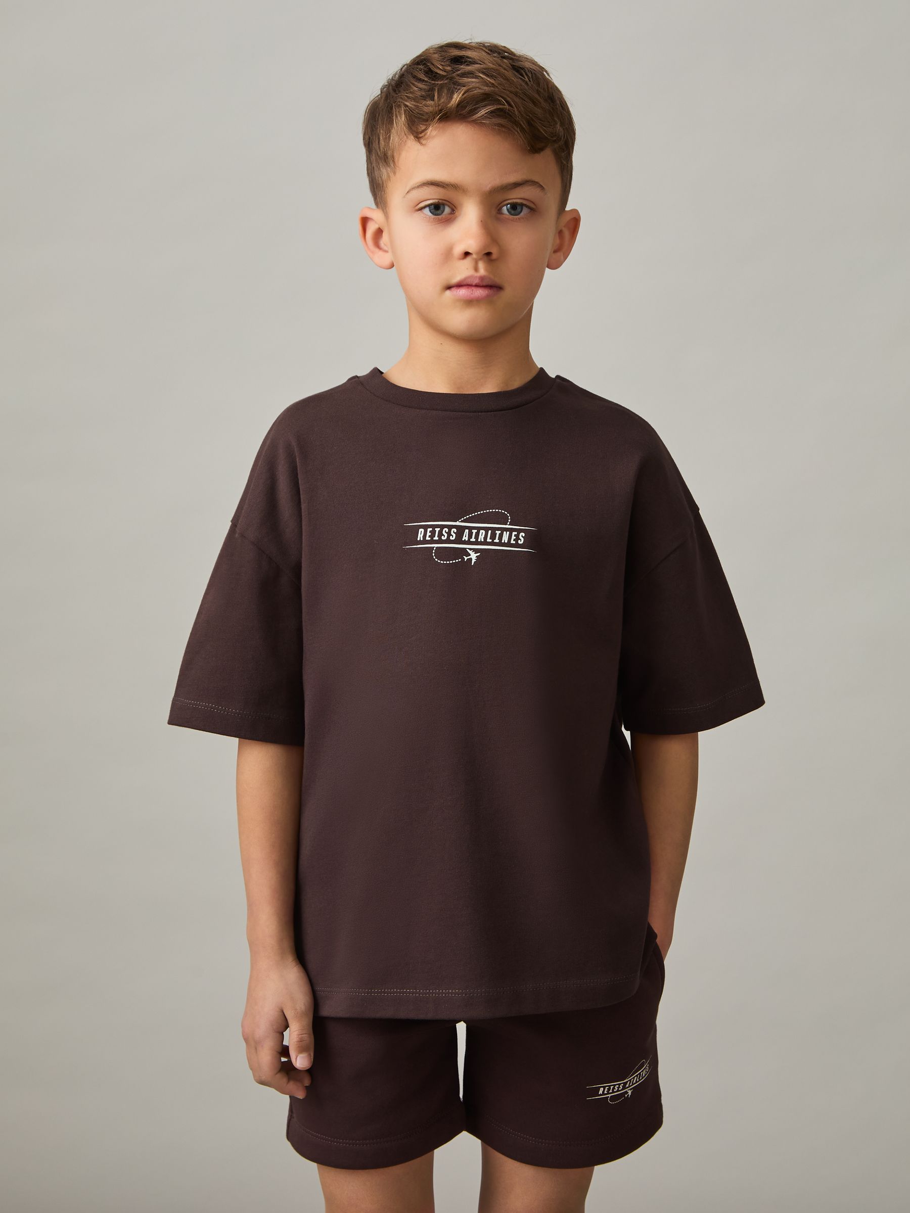 Cotton Airlines-Print Oversize T-Shirt in Chocolate Brown/Off White - Image 2 of 4