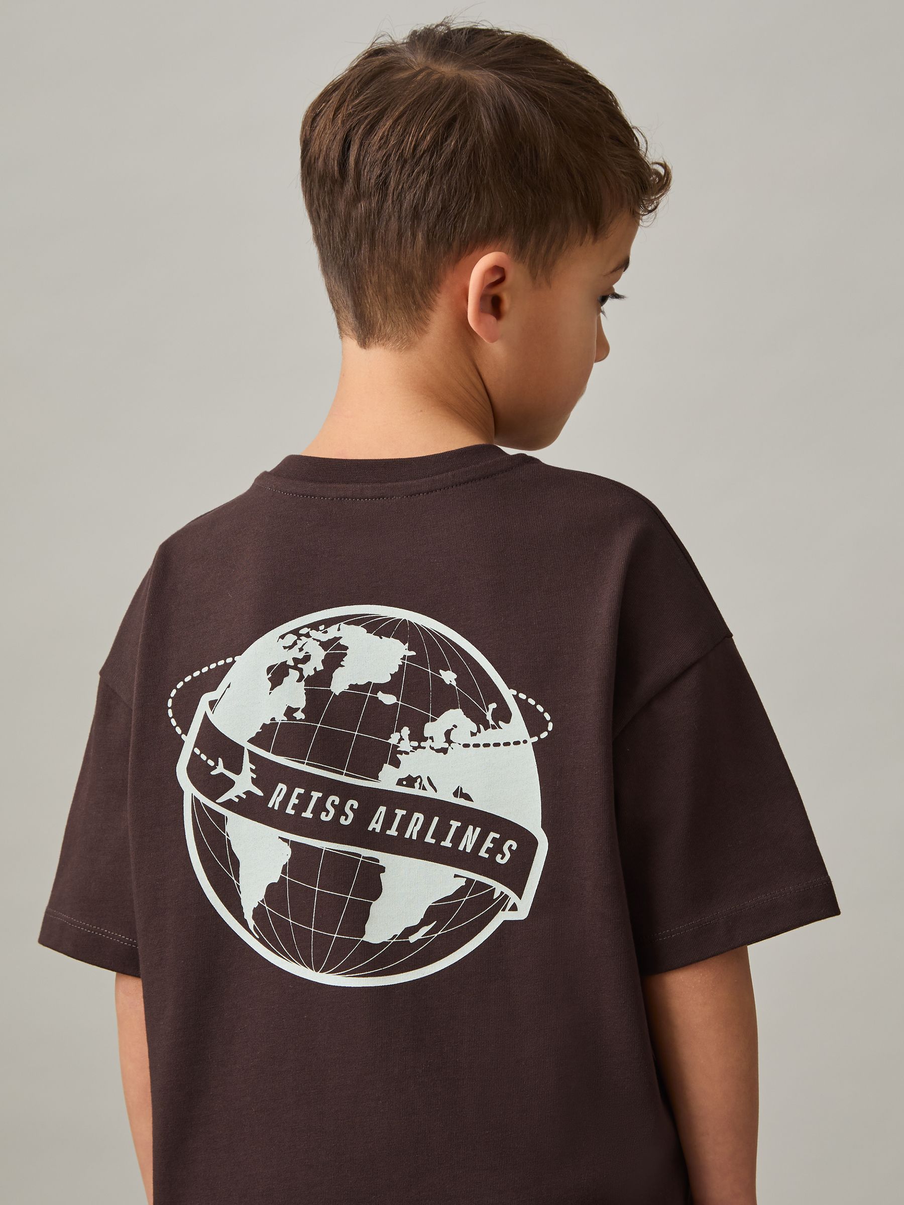 Cotton Airlines-Print Oversize T-Shirt in Chocolate Brown/Off White - Image 3 of 4