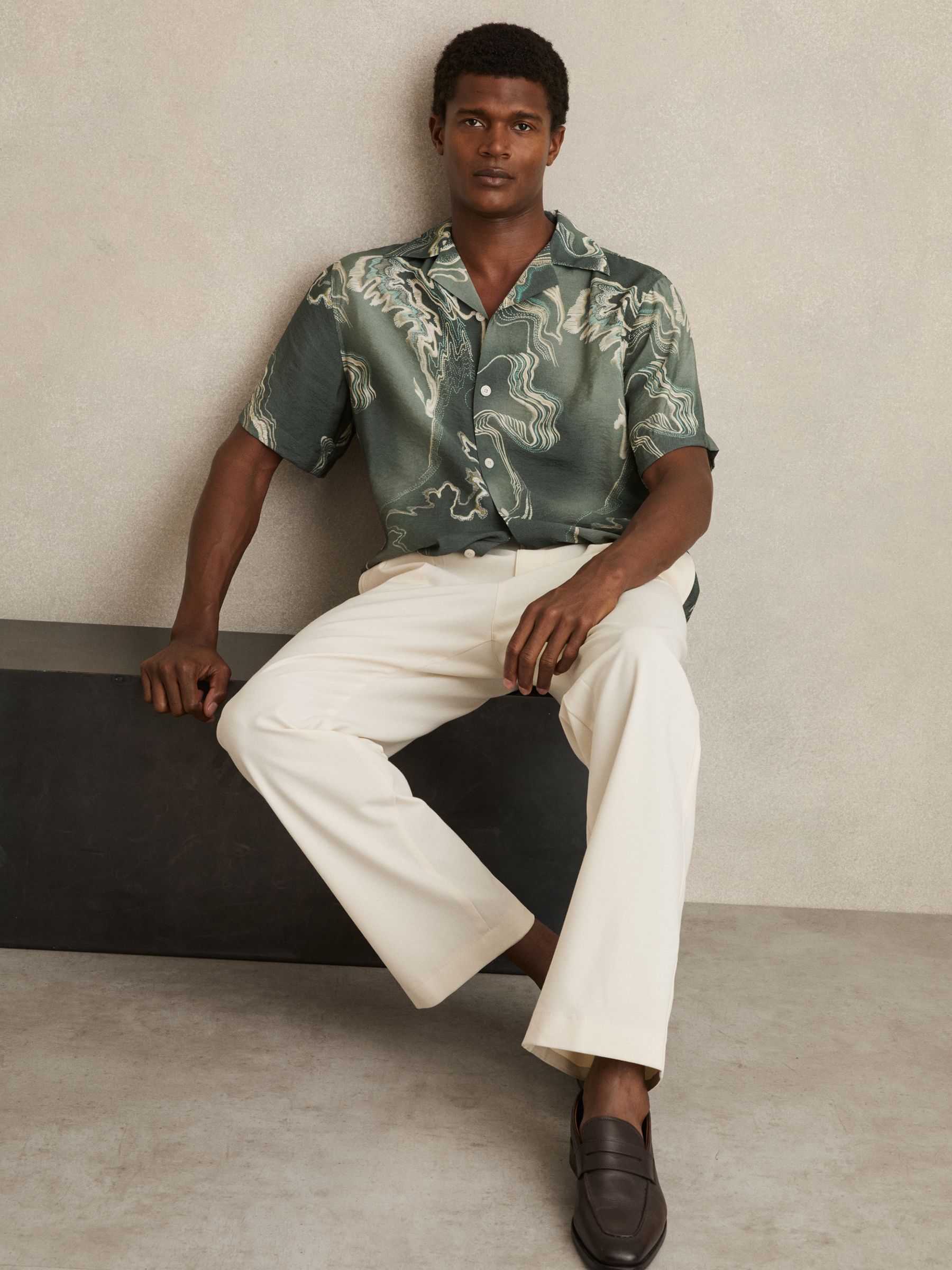 Print Cuban-Collar Shirt in Sage Green - Image 3 of 6