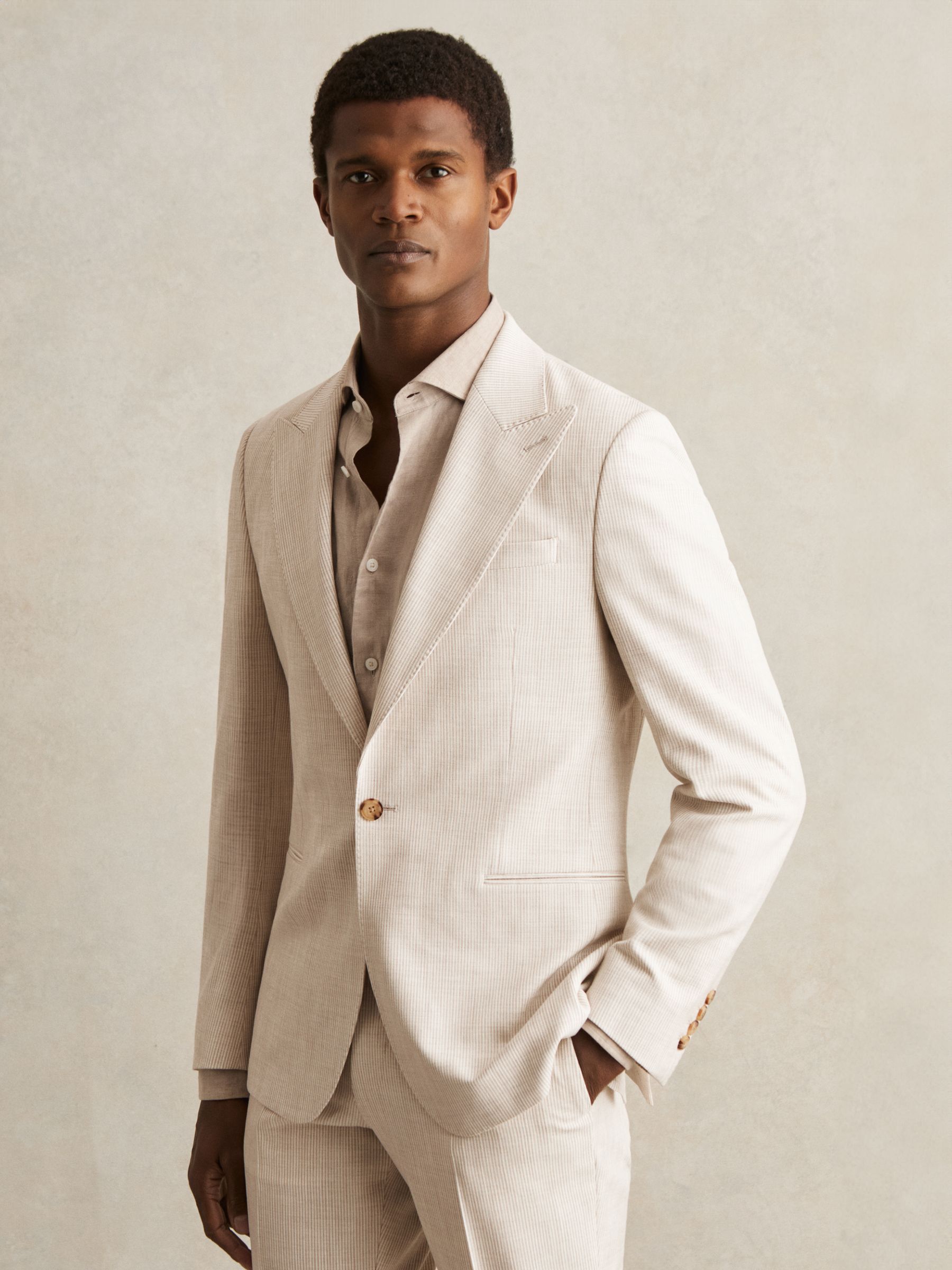 Slim Fit Single Breasted Pinstripe Suit Blazer in Oatmeal/White - Image 1 of 9