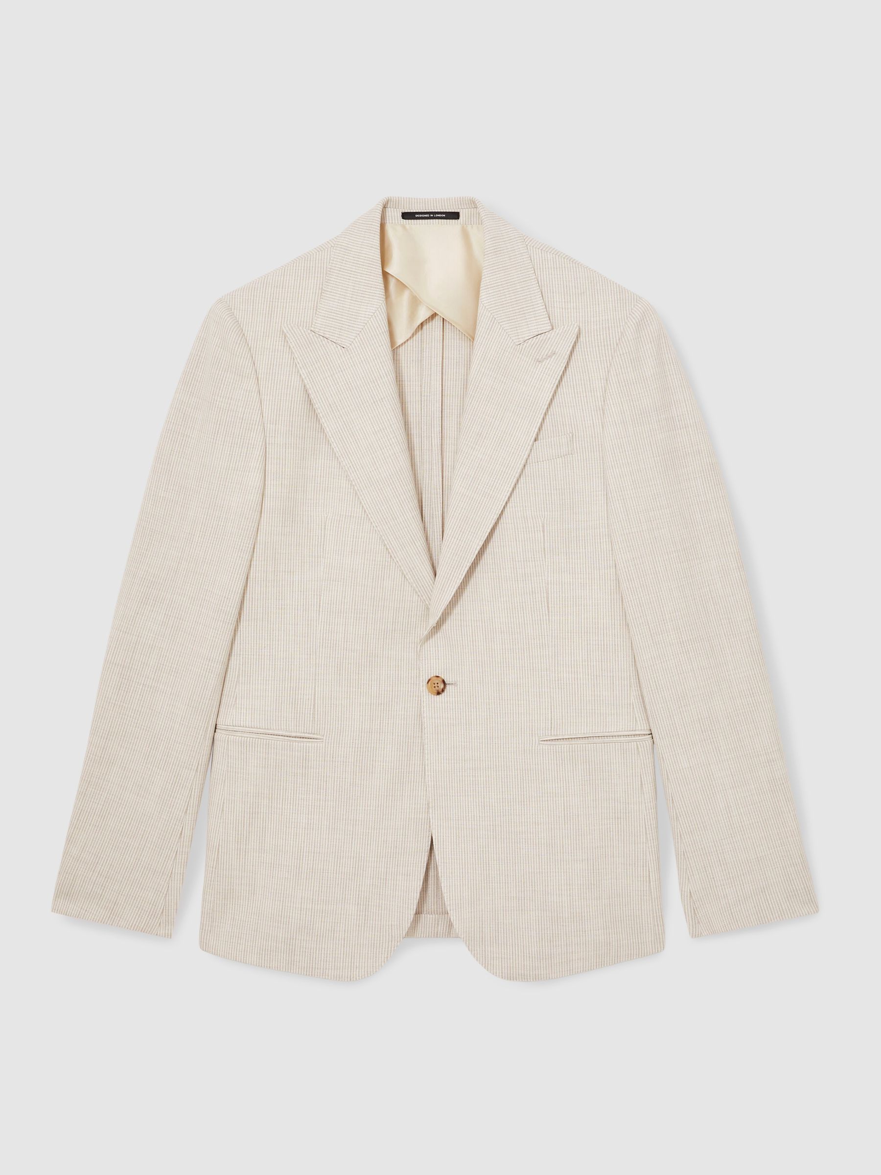Slim Fit Single Breasted Pinstripe Suit Blazer in Oatmeal/White - Image 2 of 9