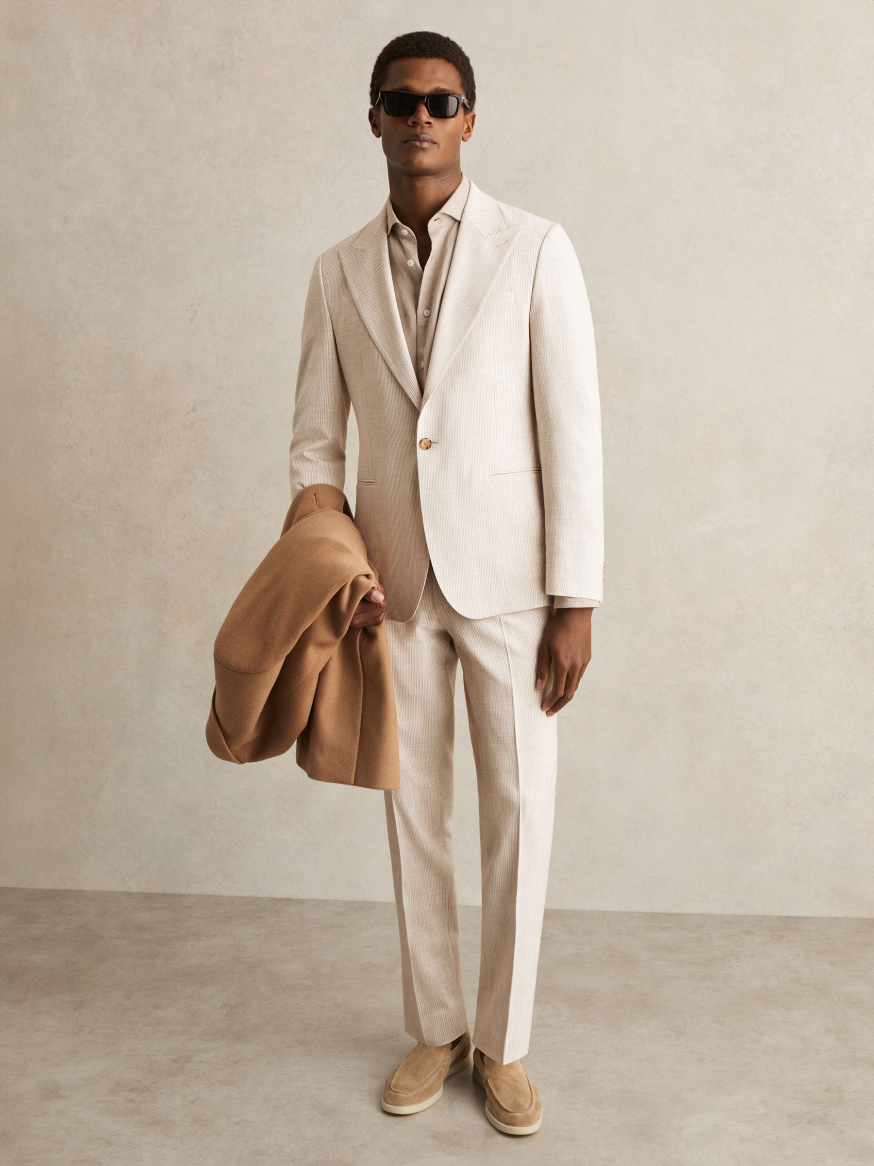 Slim Fit Single Breasted Pinstripe Suit Blazer in Oatmeal/White - Image 3 of 9