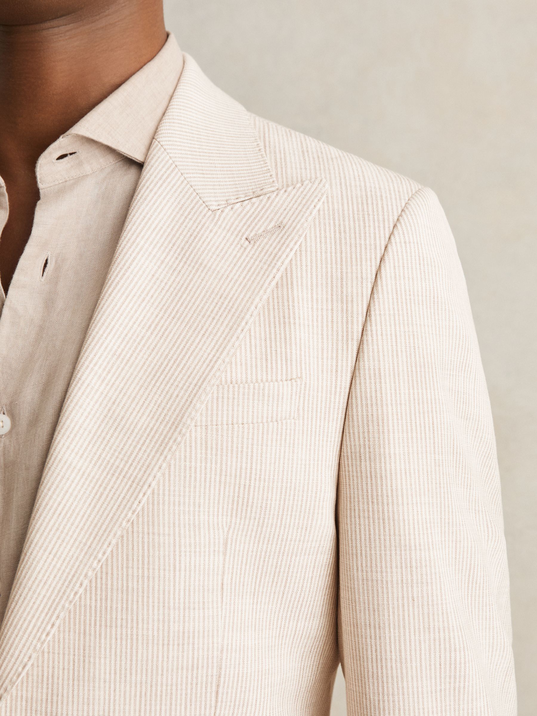 Slim Fit Single Breasted Pinstripe Suit Blazer in Oatmeal/White - Image 5 of 9