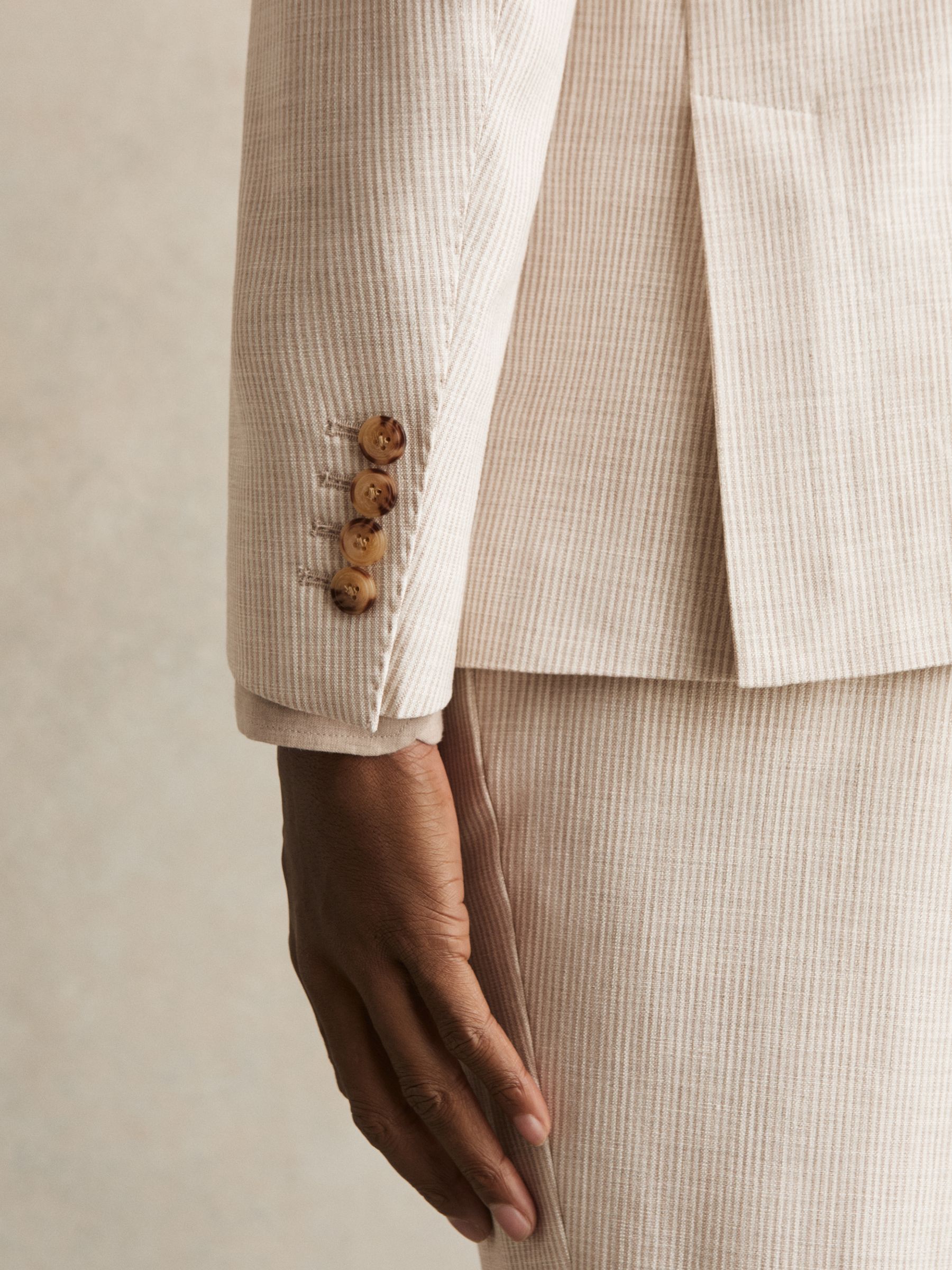 Slim Fit Single Breasted Pinstripe Suit Blazer in Oatmeal/White - Image 6 of 9