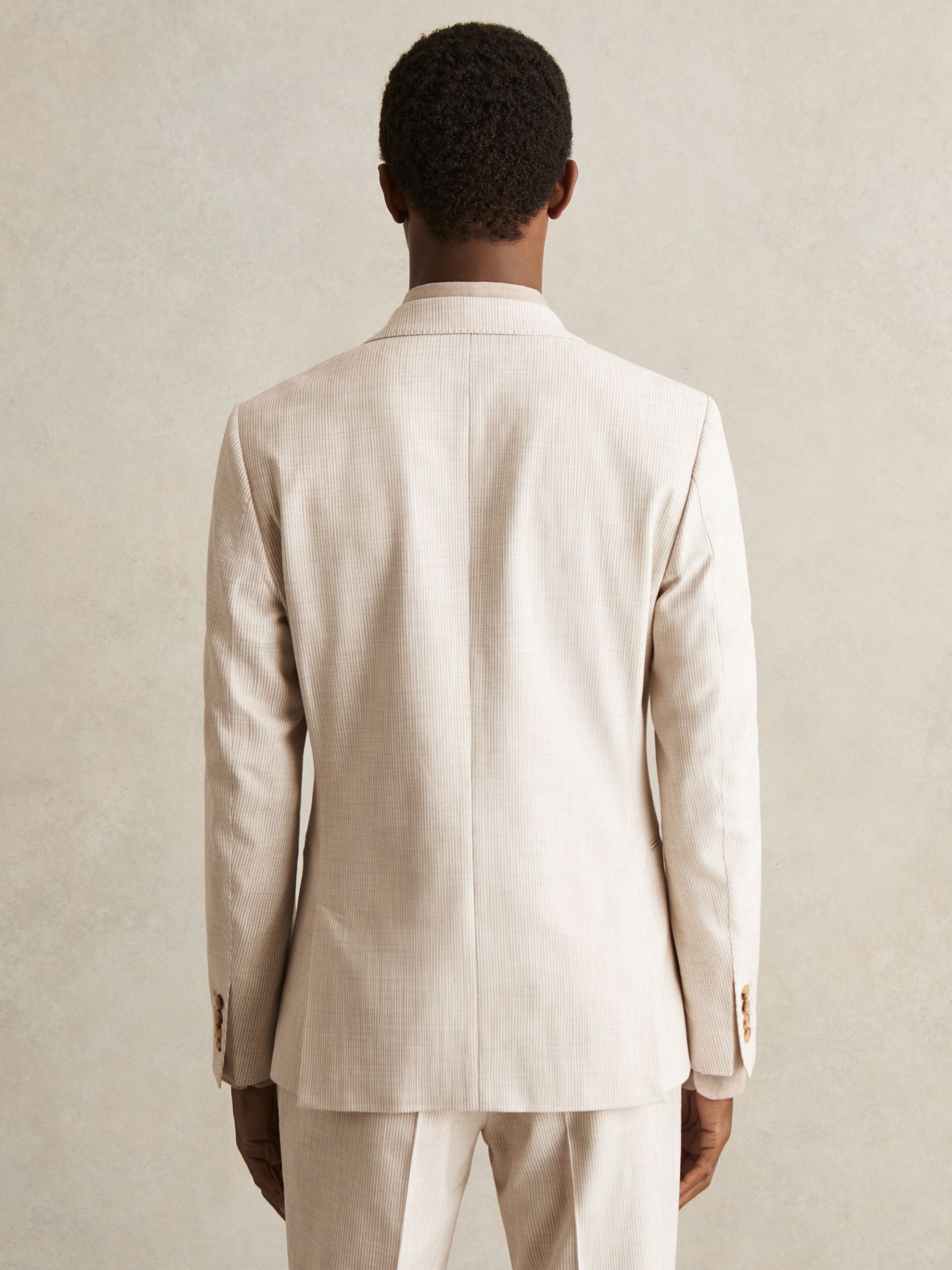 Slim Fit Single Breasted Pinstripe Suit Blazer in Oatmeal/White - Image 7 of 9