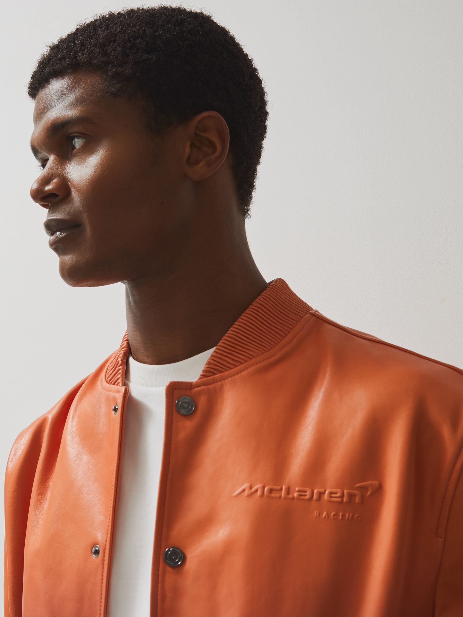 Reiss McLaren F1 Team Ombré Leather Jacket in Papaya Orange/Purple