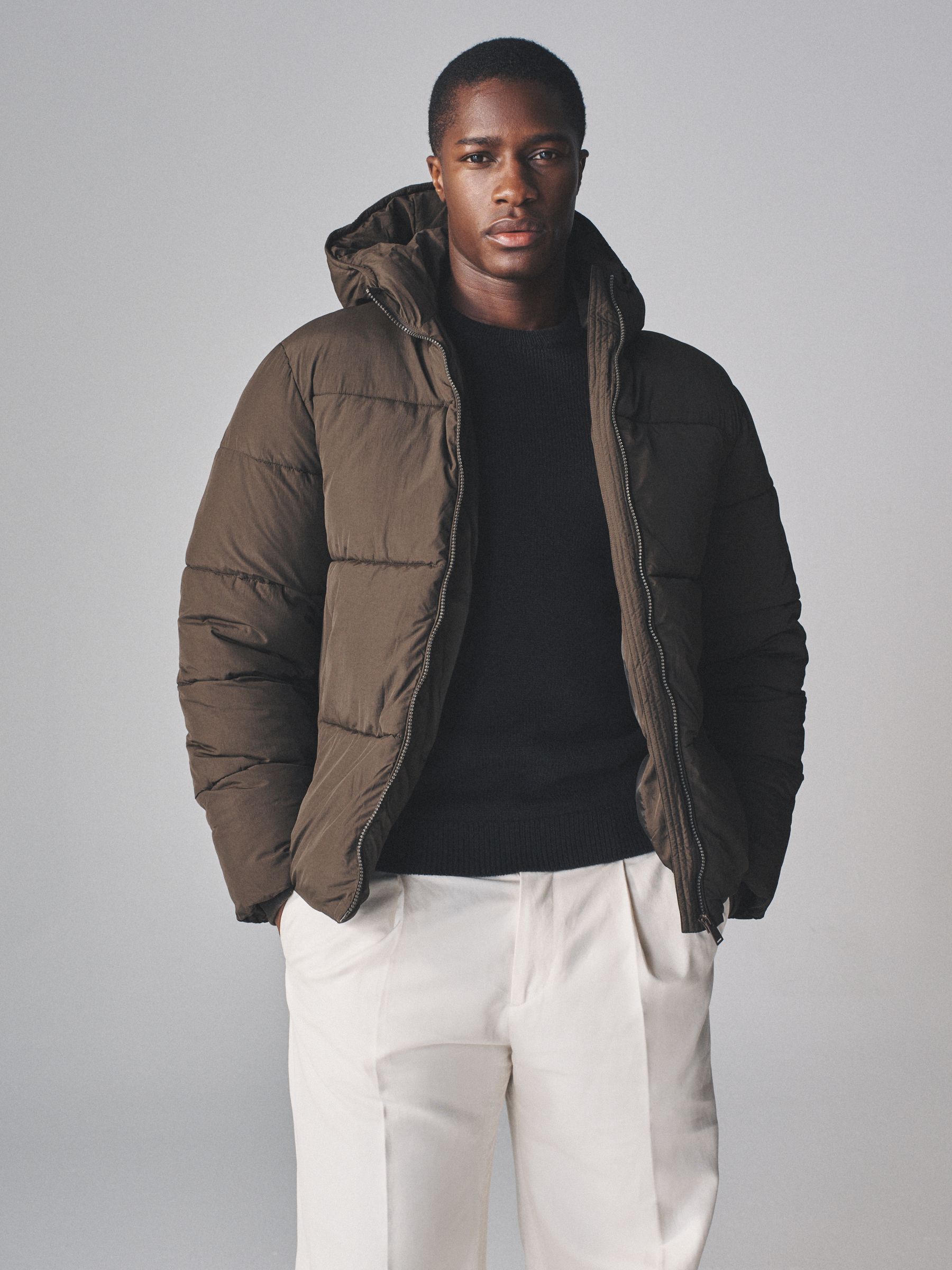 Dark Khaki - Short Hooded Puffer Coat - Image 1 of 10
