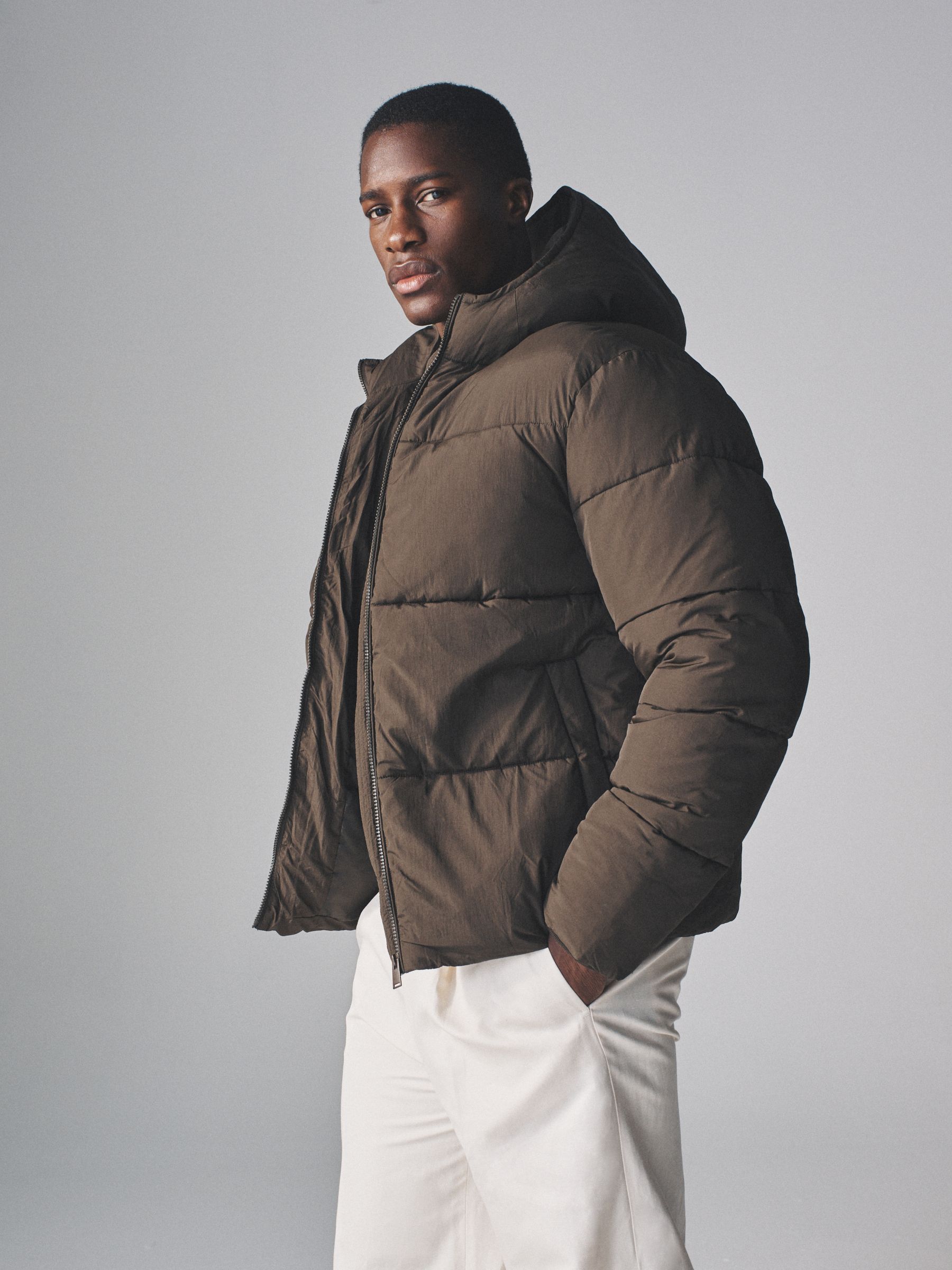Dark Khaki - Short Hooded Puffer Coat - Image 6 of 10