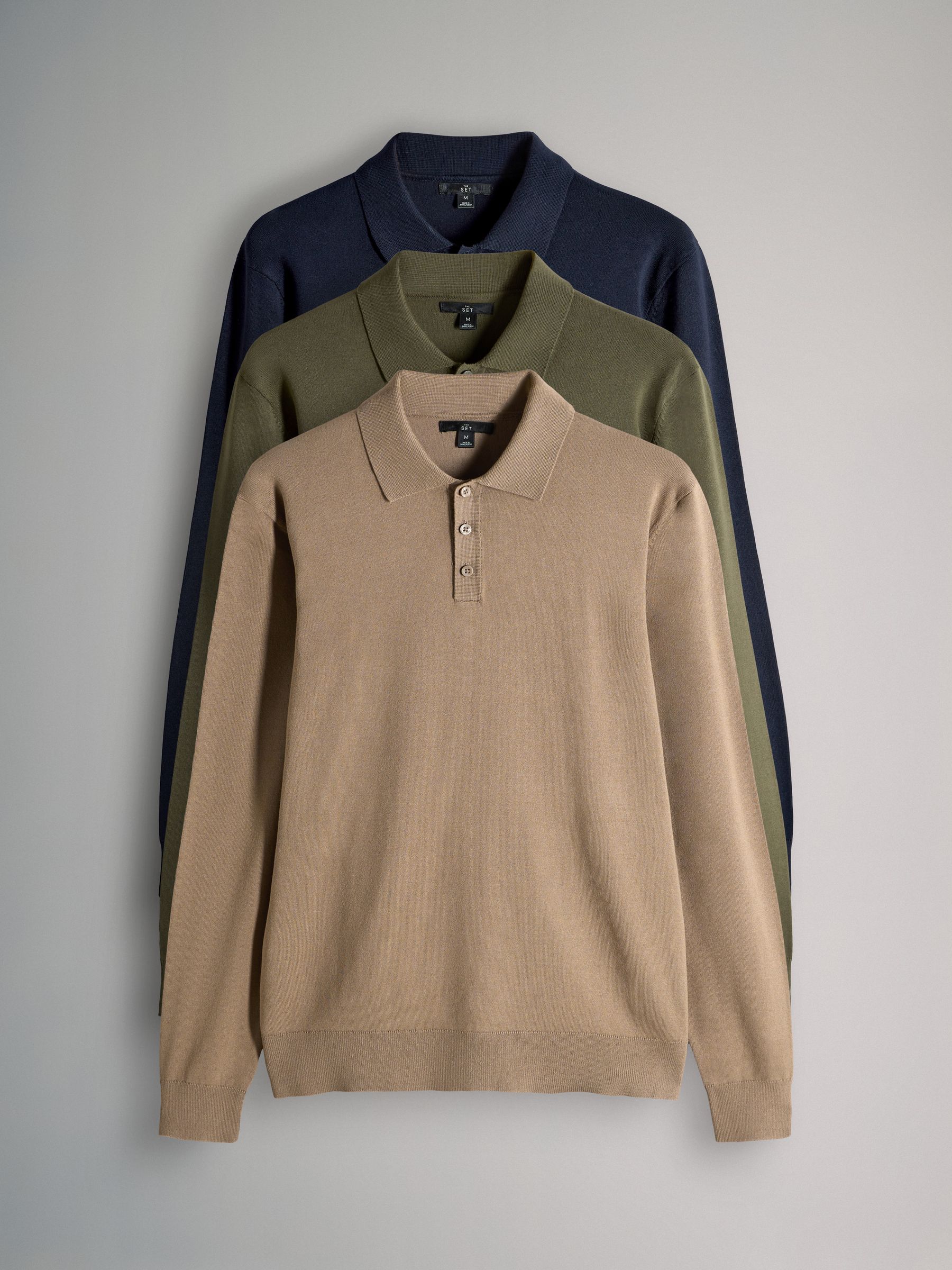 Navy Blue/Khaki/Brown - 3 Pack Long Sleeve Knitted Polo Jumpers - Image 2 of 9