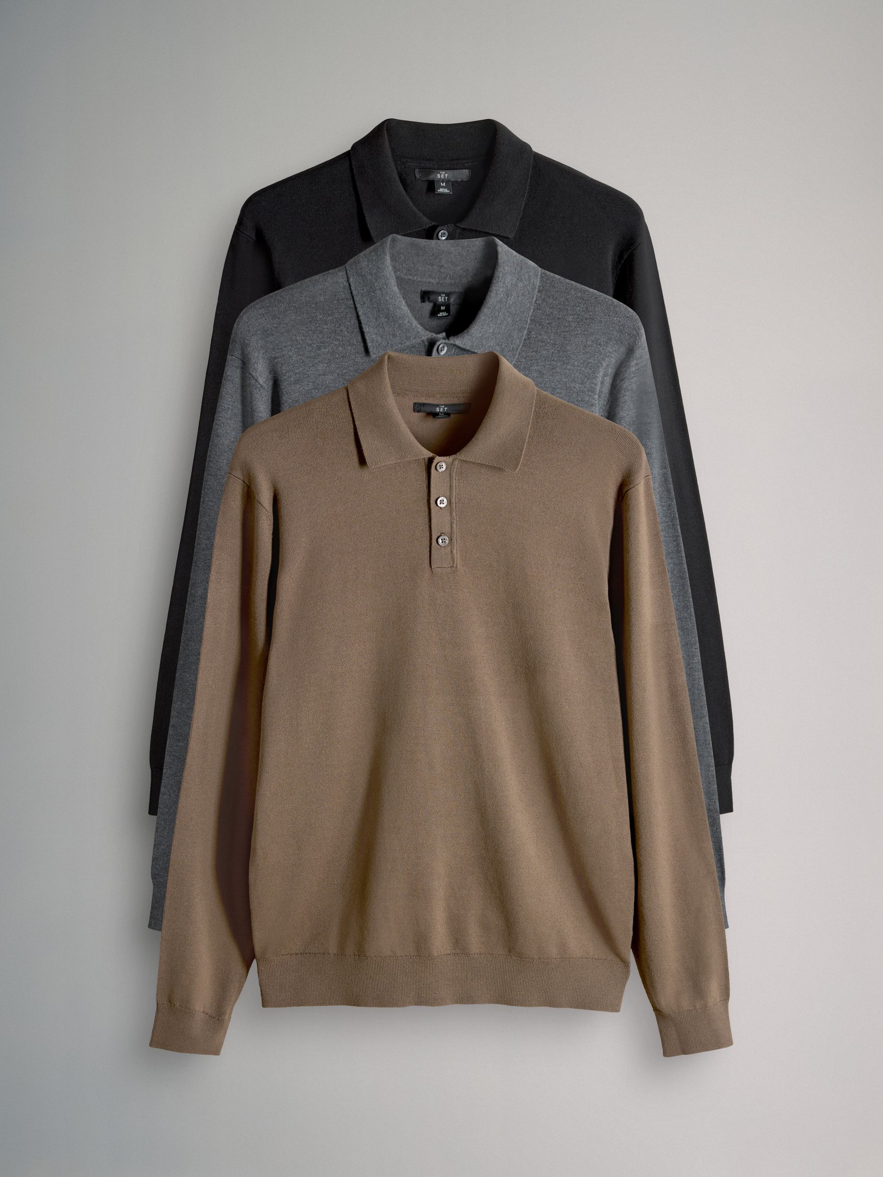 Black/Grey/Brown - 3 Pack Long Sleeve Knitted Polo Jumpers - Image 2 of 11