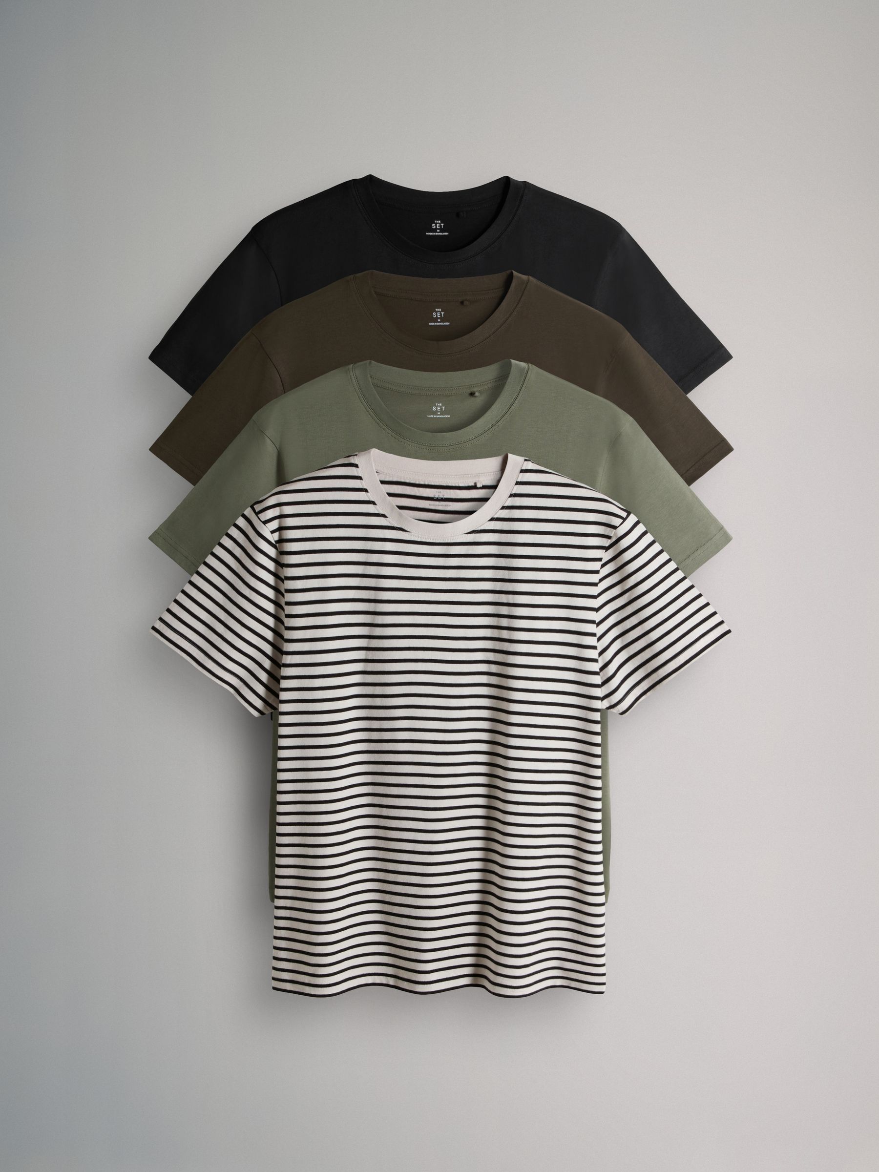 Black/Khaki/Green/Stripe - Regular Fit - 4 Pack Short Sleeve Cotton T-Shirts - Image 1 of 16