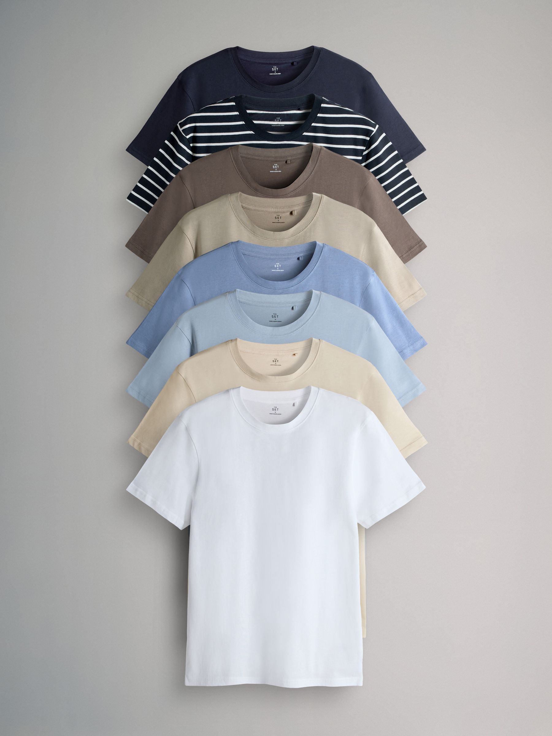 Navy Blue/Brown/Cream/White/Stripe - 8 Pack Regular Short Sleeve Cotton T-Shirts - Image 1 of 11