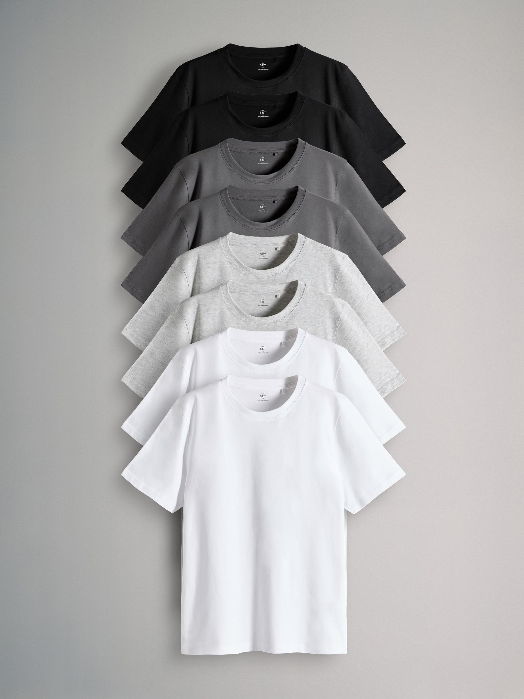 Black/Grey/White - 8 Pack Regular Short Sleeve Cotton T-Shirts - Image 1 of 15