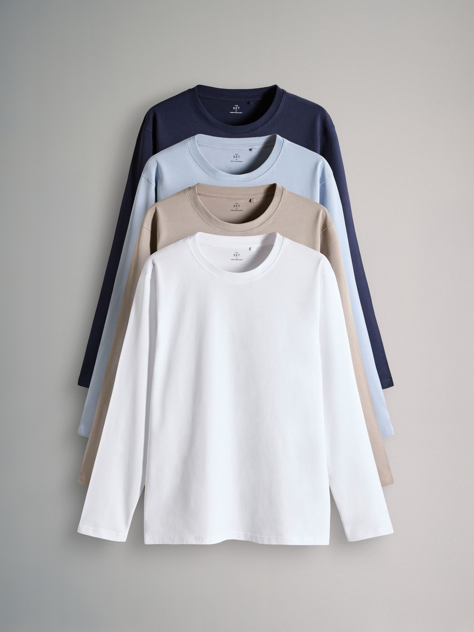 Navy Blue/Brown/White - 4 Pack Regular Long Sleeve Cotton T-Shirts - Image 1 of 7