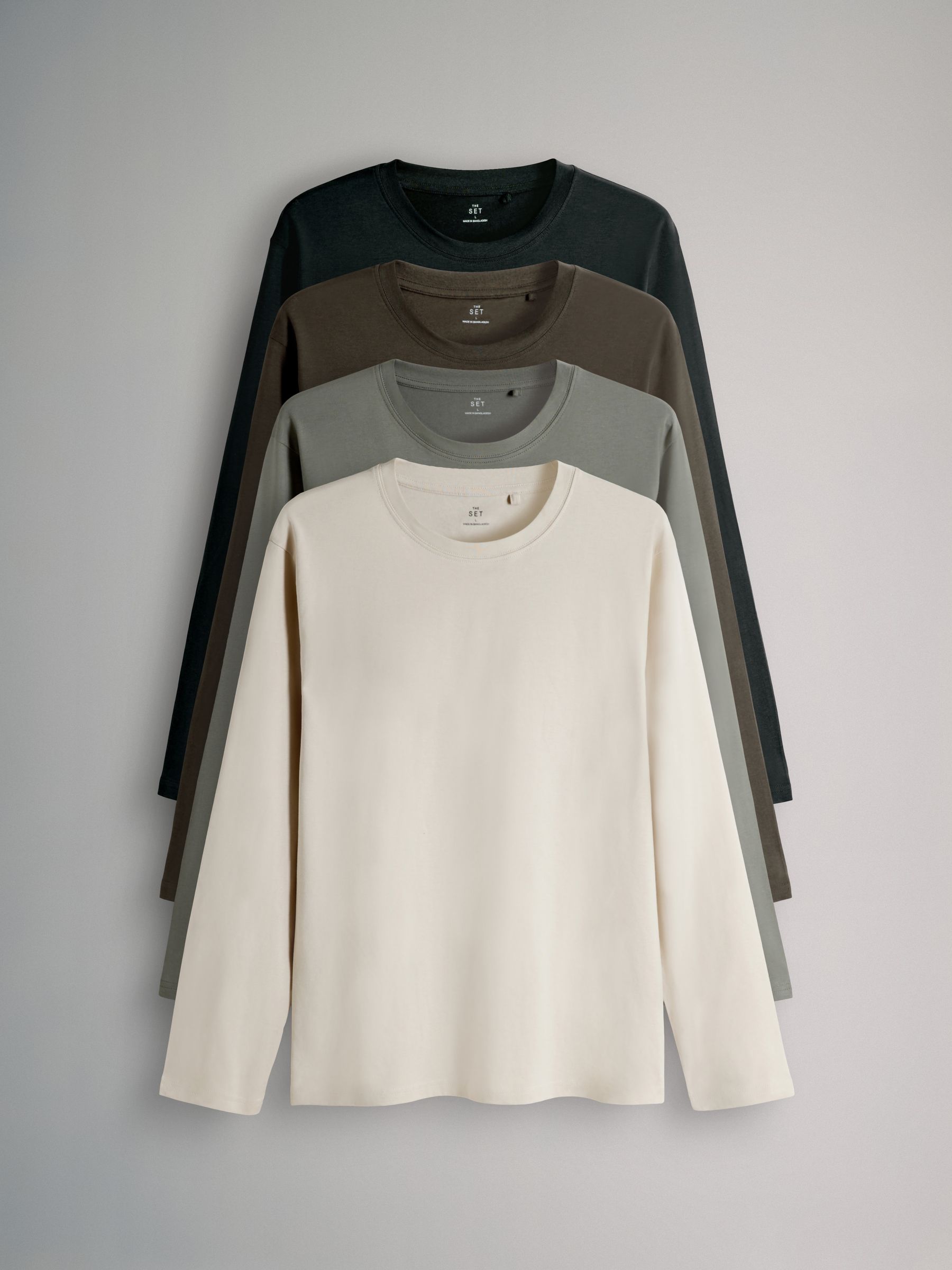 Black/Cream/Green/Khaki - 4 Pack Regular Long Sleeve Cotton T-Shirts - Image 1 of 6
