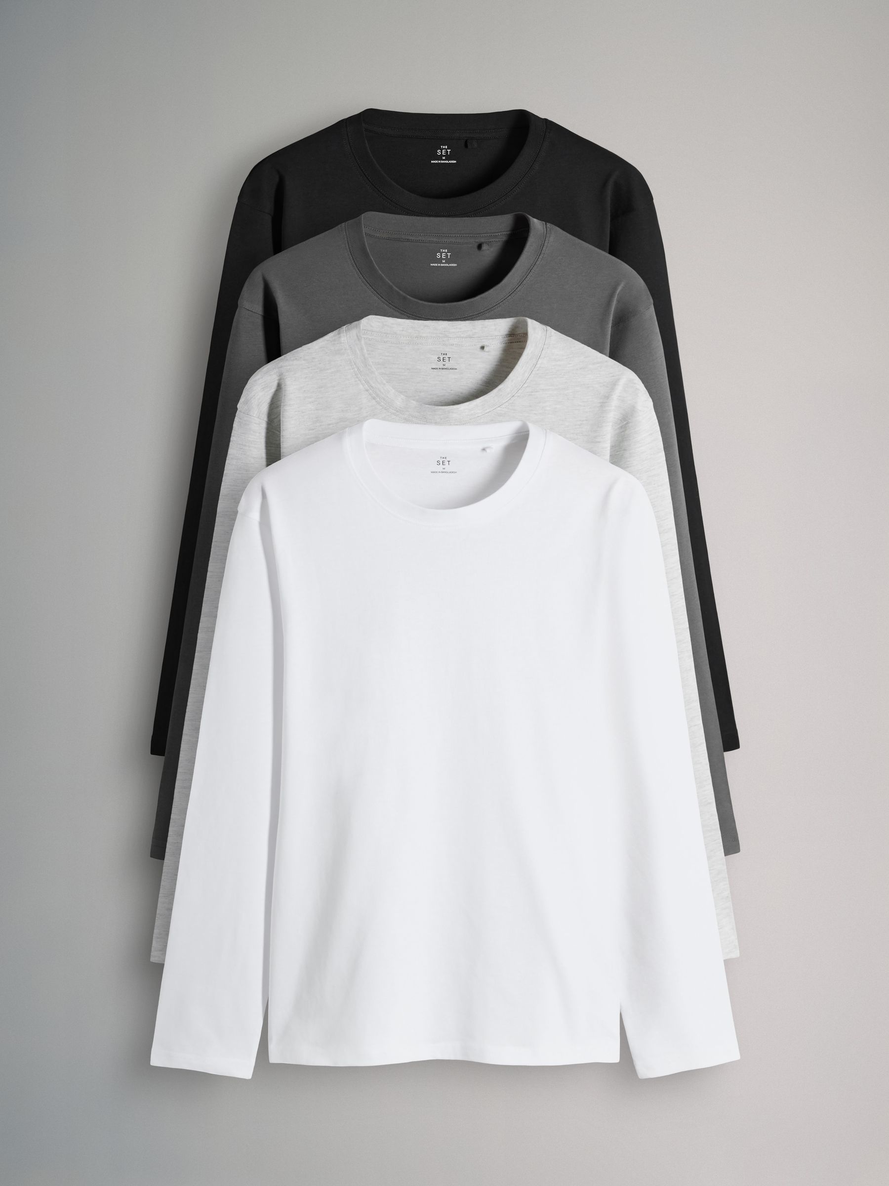 Black/Charcoal/Grey Marl/White - 4 Pack Regular Long Sleeve Cotton T-Shirts - Image 2 of 12