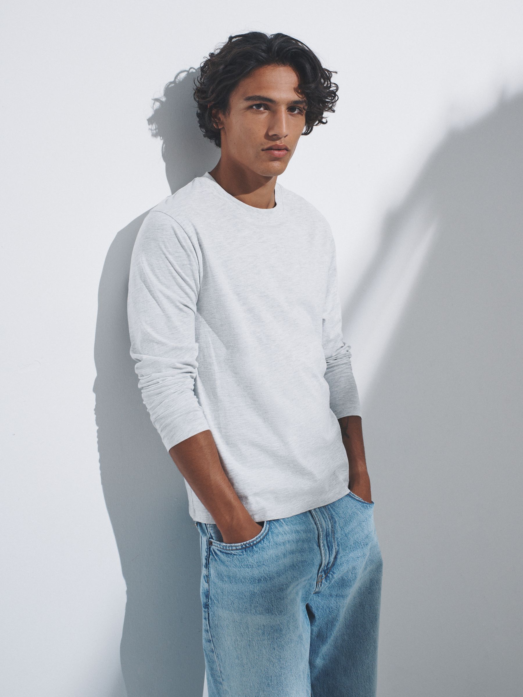 Black/Charcoal/Grey Marl/White - 4 Pack Regular Long Sleeve Cotton T-Shirts - Image 3 of 12