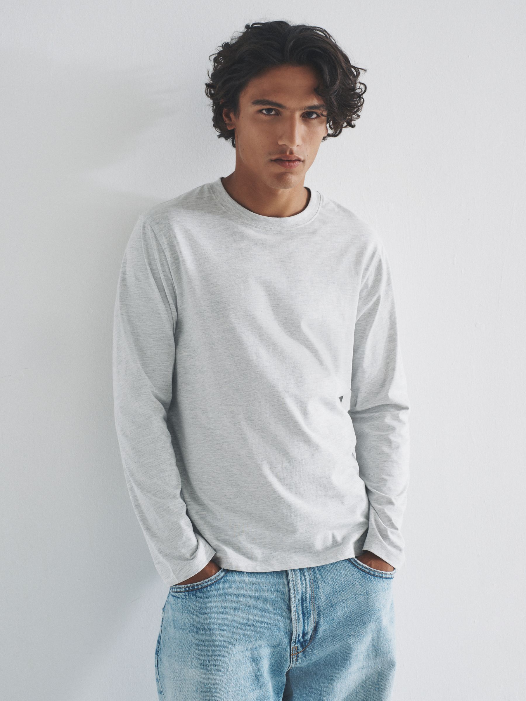 Black/Charcoal/Grey Marl/White - 4 Pack Regular Long Sleeve Cotton T-Shirts - Image 5 of 12