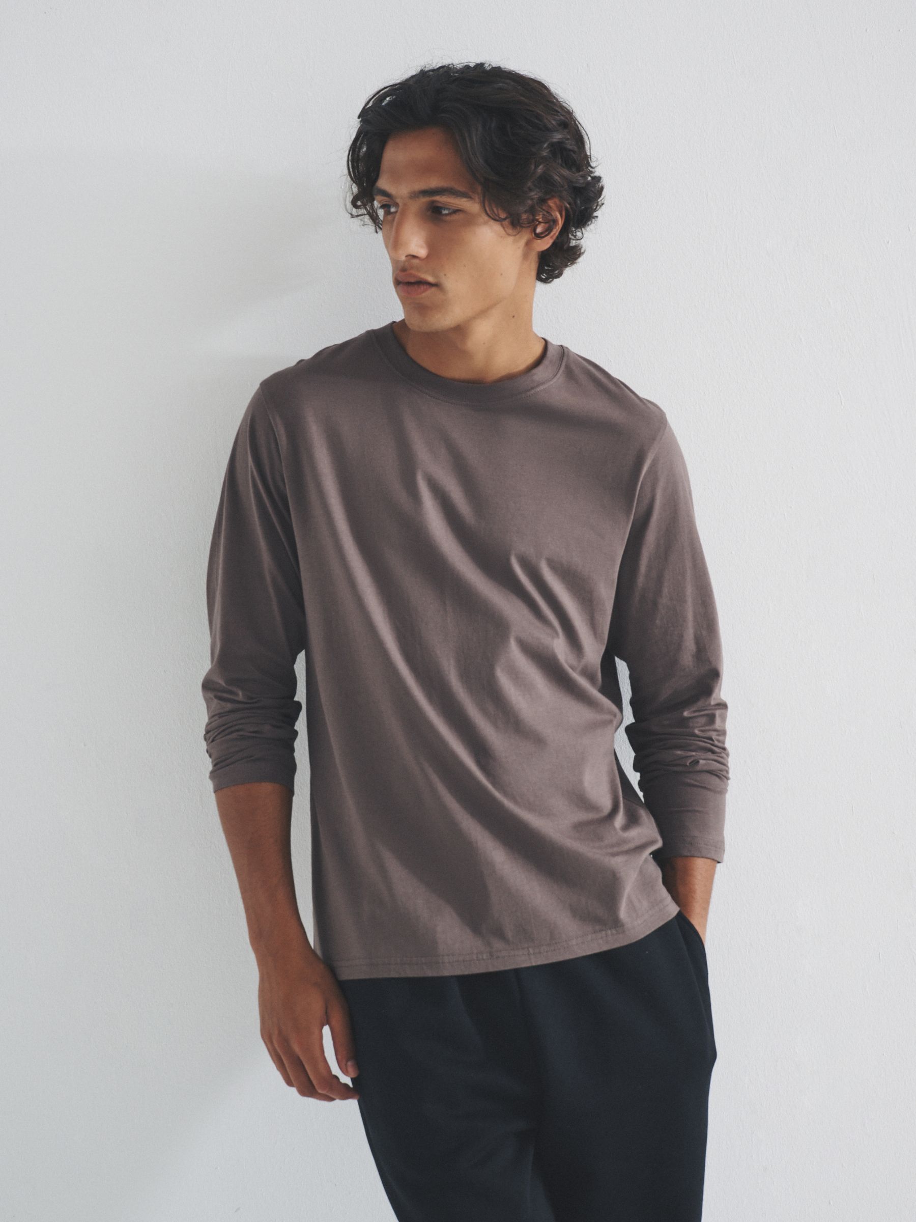 Black/Cream/Brown/White - 4 Pack Regular Long Sleeve Cotton T-Shirts - Image 1 of 10