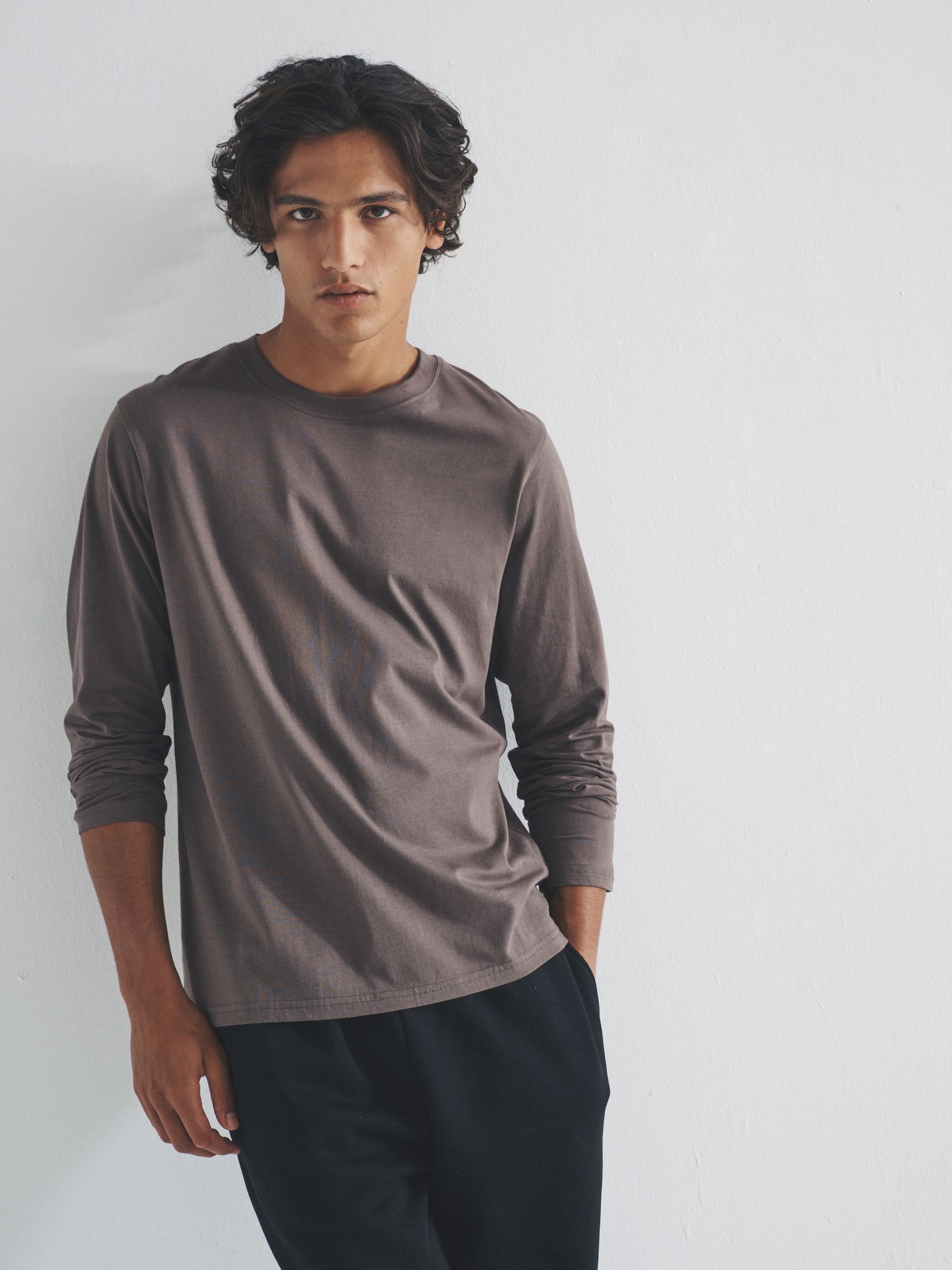 Black/Cream/Brown/White - 4 Pack Regular Long Sleeve Cotton T-Shirts - Image 3 of 10