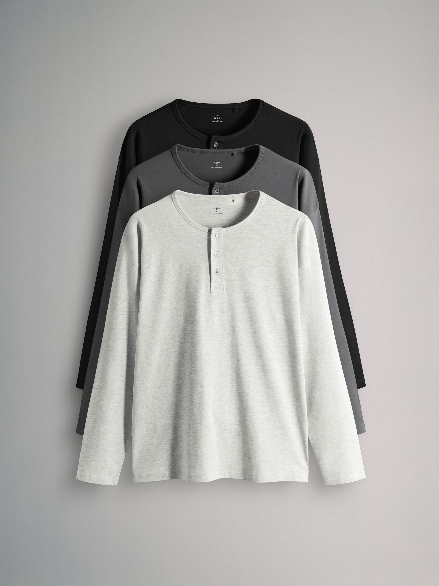 Black/Charcoal/Grey Marl - 3 Pack Long Sleeve Cotton Henley T-Shirts - Image 1 of 6