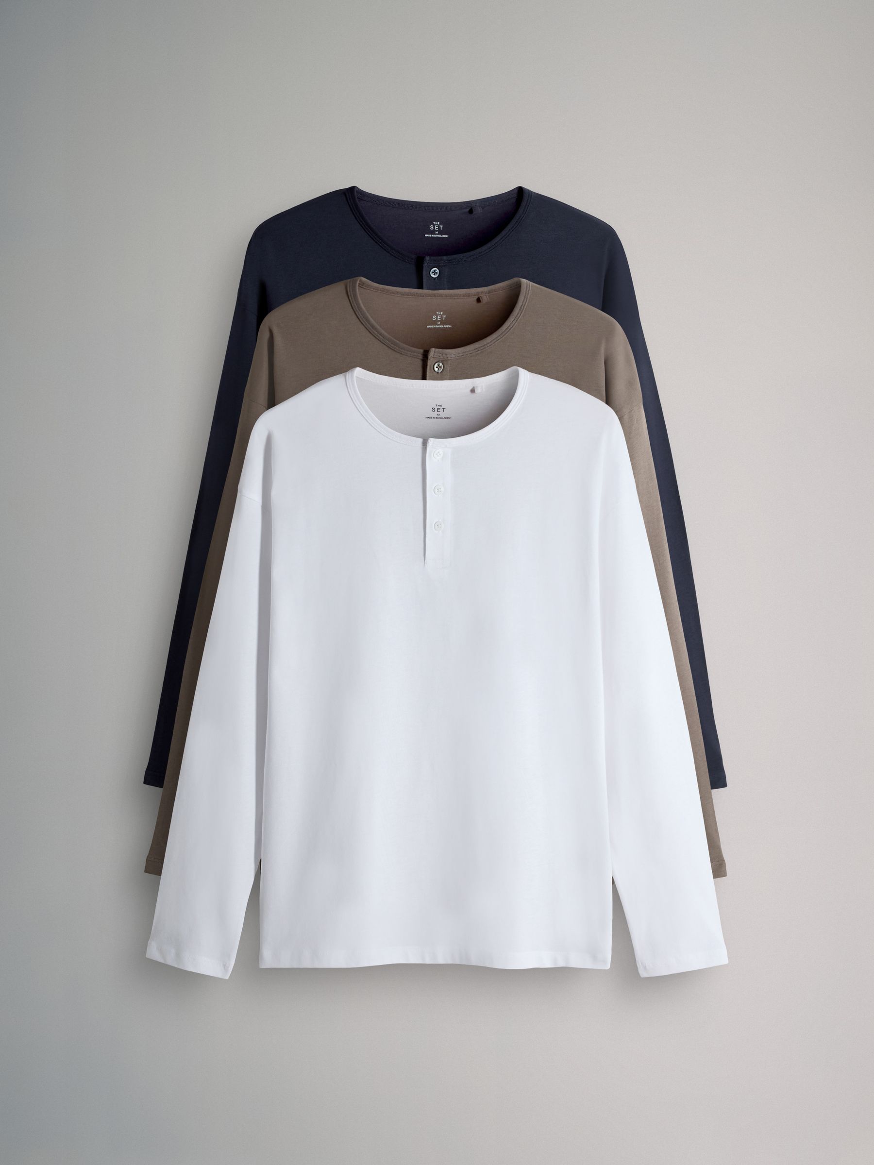 Navy Blue/Brown/White - 3 Pack Long Sleeve Cotton Henley T-Shirts - Image 1 of 11