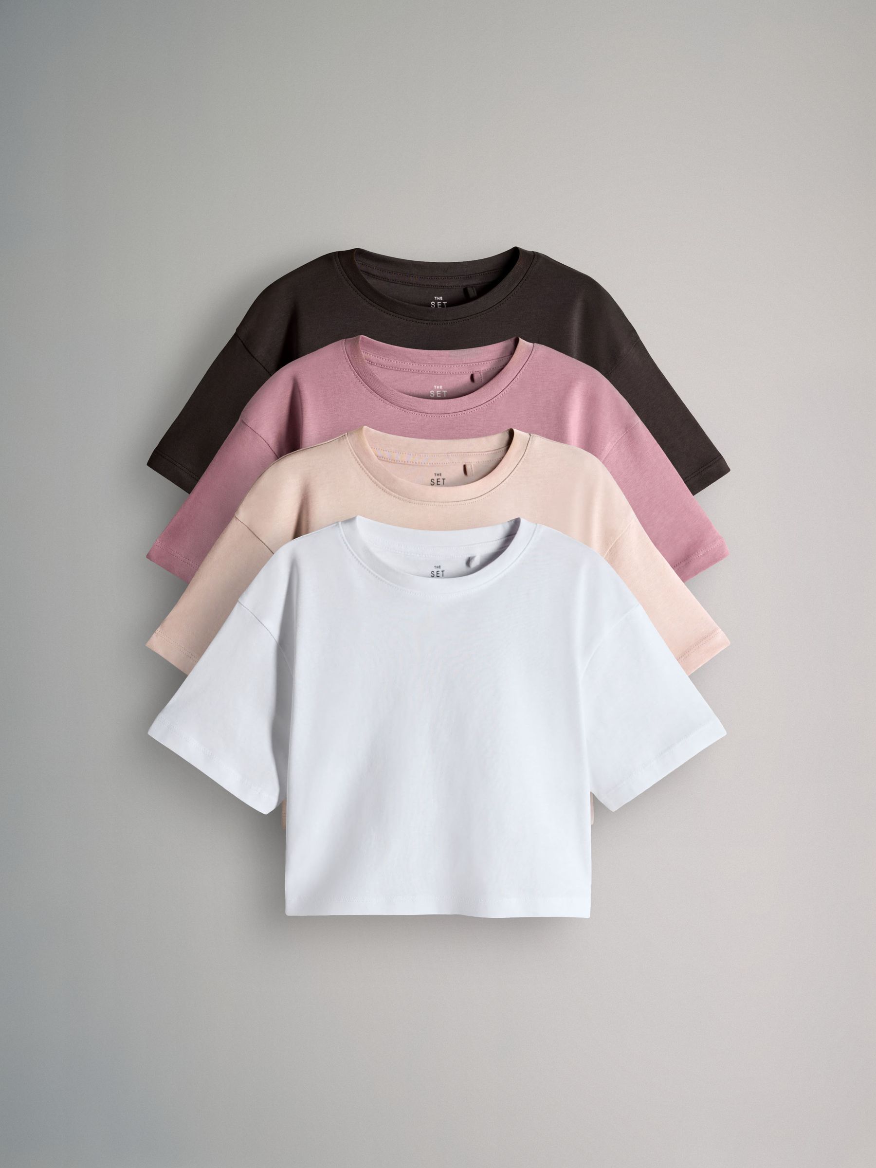Brown/Pink/White - 4 Pack Cropped Oversized Short Sleeve Cotton T-Shirts - Image 1 of 7