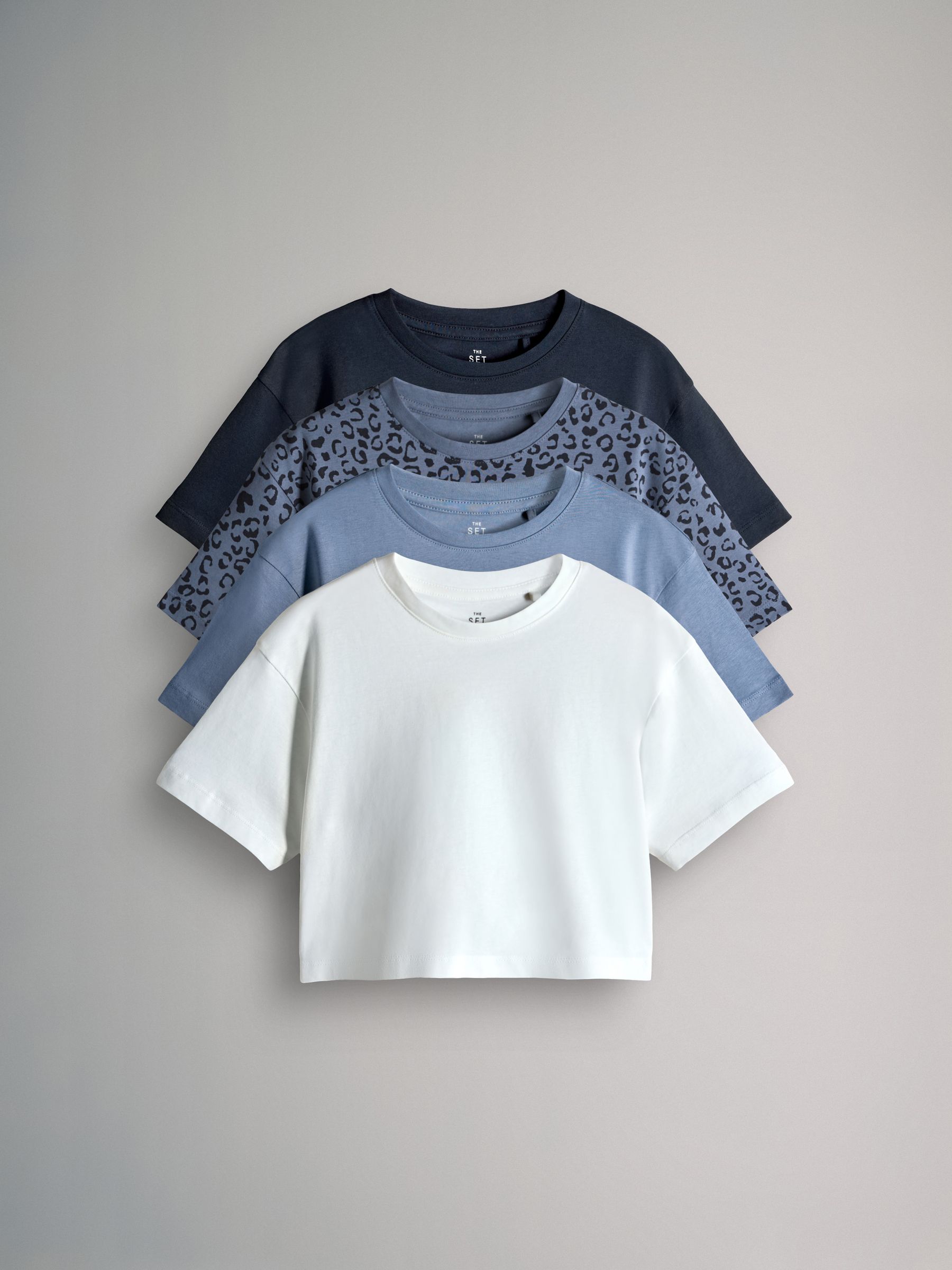 Navy/Animal/Blue/White - 4 Pack Cropped Oversized Short Sleeve Cotton T-Shirts - Image 1 of 13