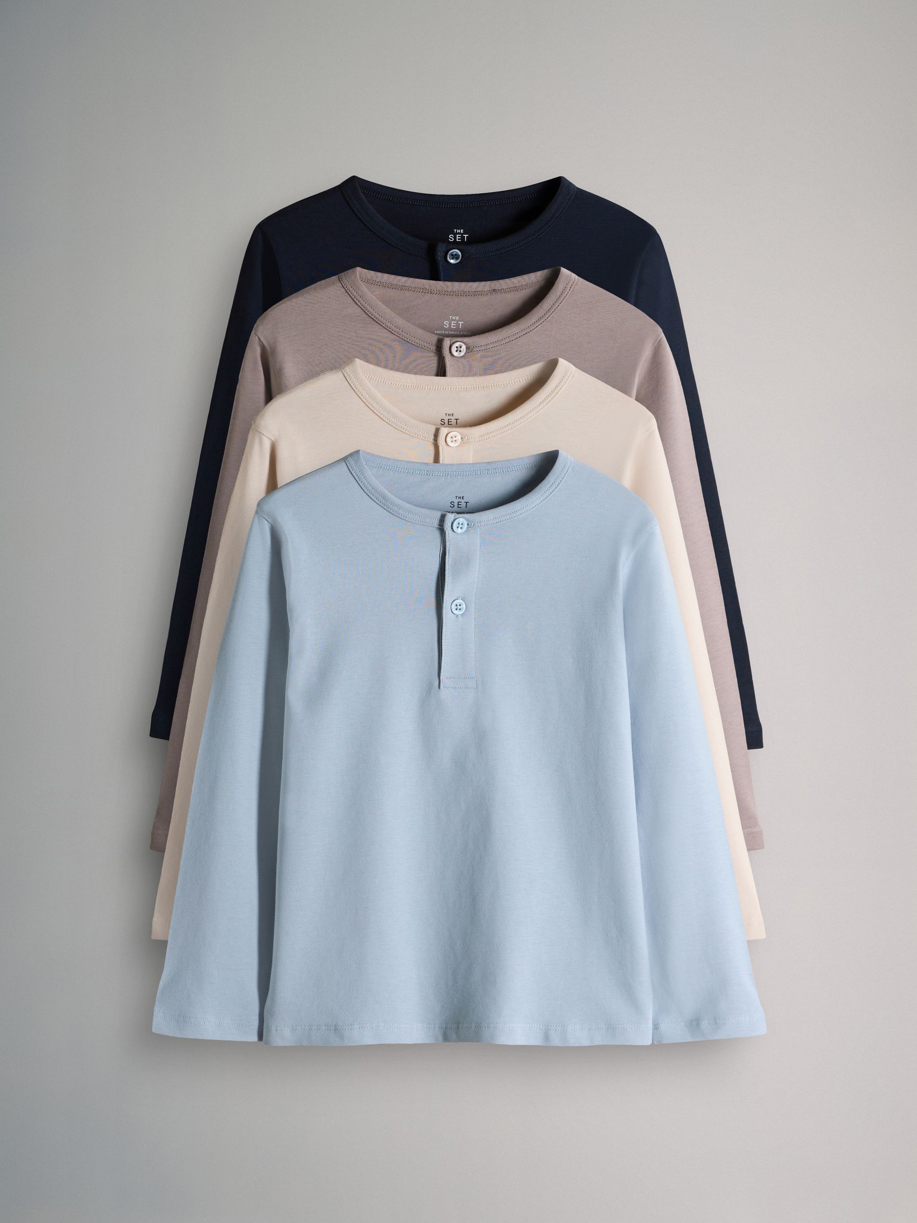 Navy/Brown/Blue/Cream - 4 Pack Long Sleeve Cotton Henley T-Shirts - Image 1 of 7