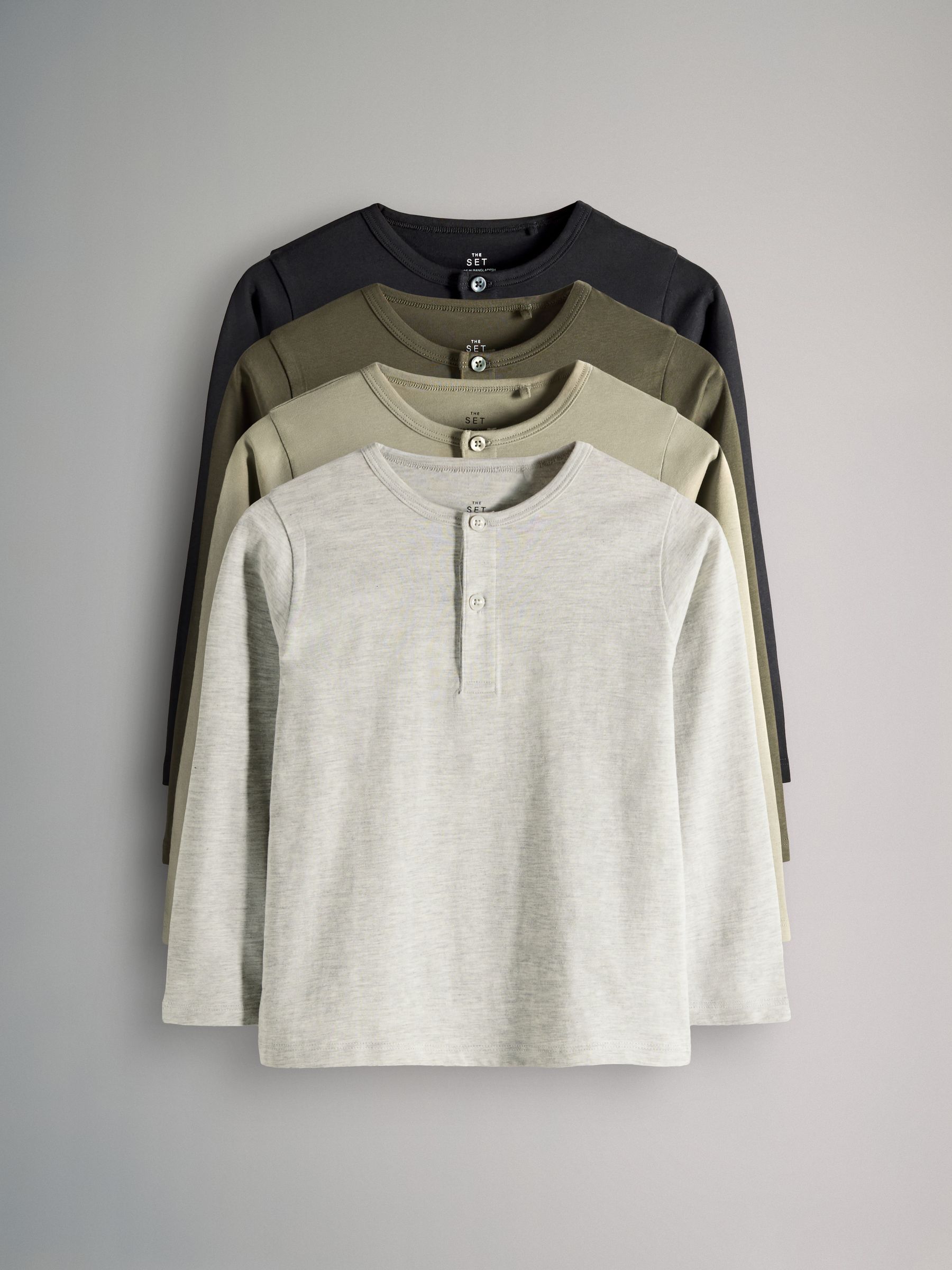 Black/Khaki/Green/Grey Marl - 4 Pack Long Sleeve Cotton Henley T-Shirts - Image 2 of 7