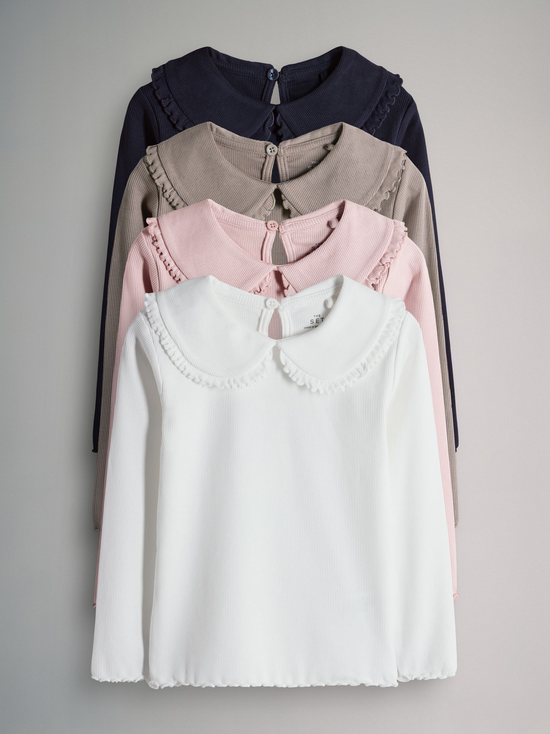 Navy/Brown/Pink/White - 4 Pack Long Sleeve Rib Collar Tops - Image 2 of 6