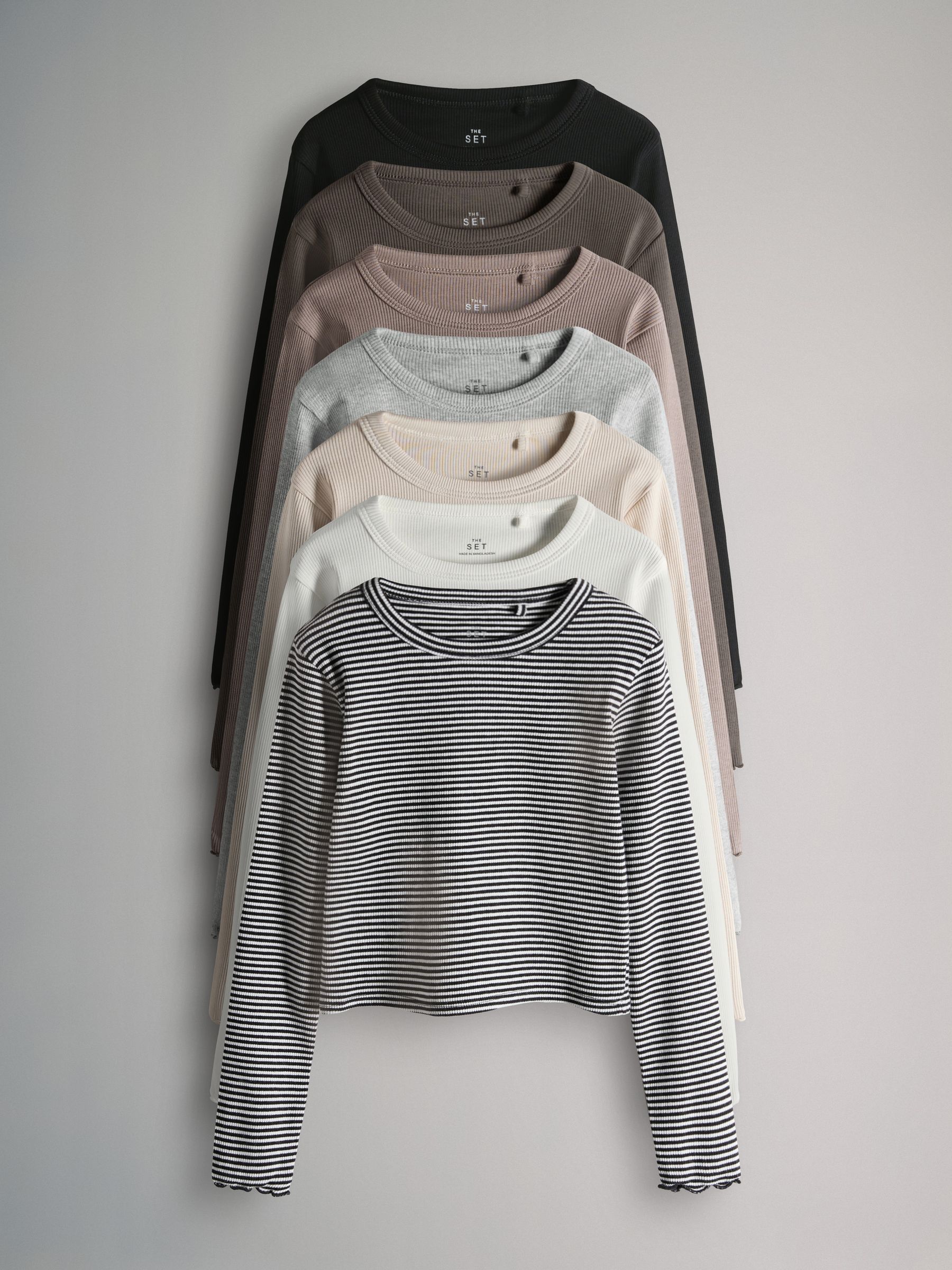 7 Pack Cotton Rib Long Sleeve Cropped T-Shirts - Image 1 of 10