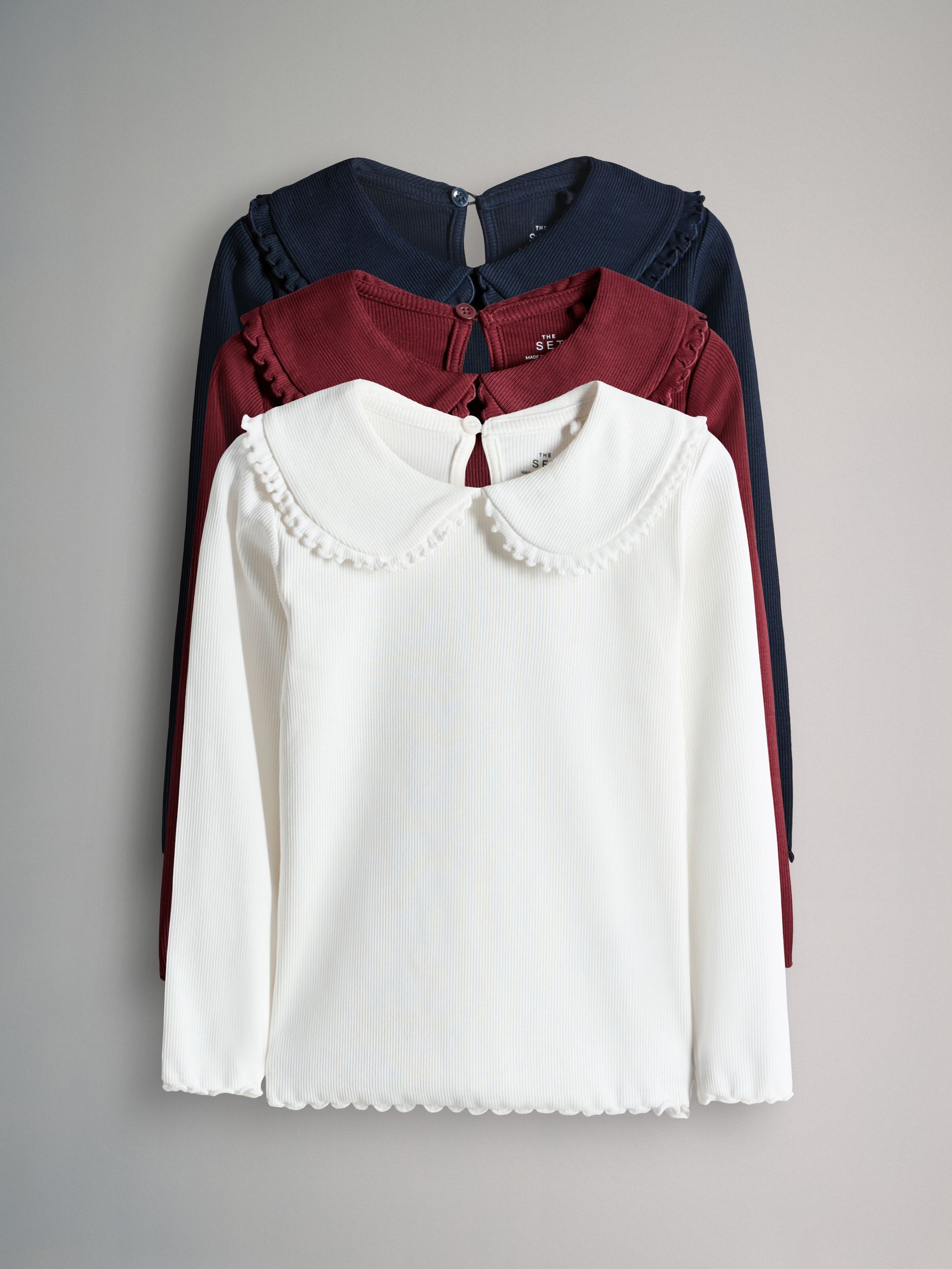 Navy/Dark Red/Cream - 4 Pack Long Sleeve Rib Collar Tops - Image 1 of 6