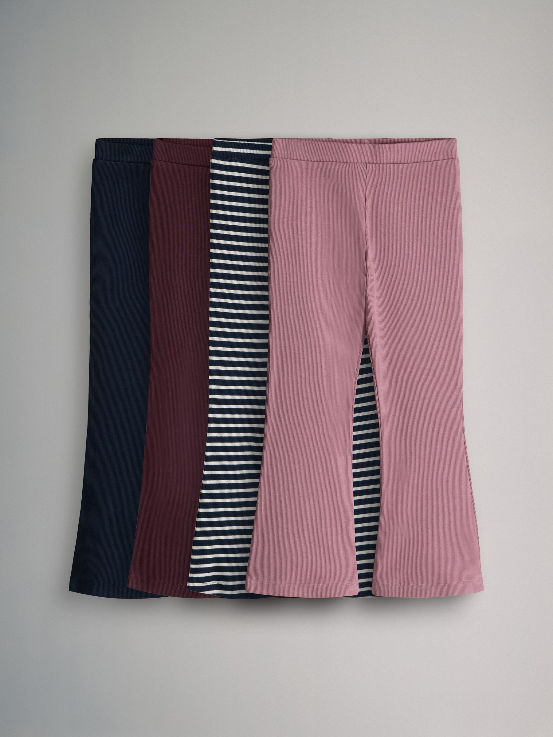 Navy Blue/Red/Pink/Breton Stripe - 4 Pack Flared Rib Cotton Leggings - Image 1 of 7