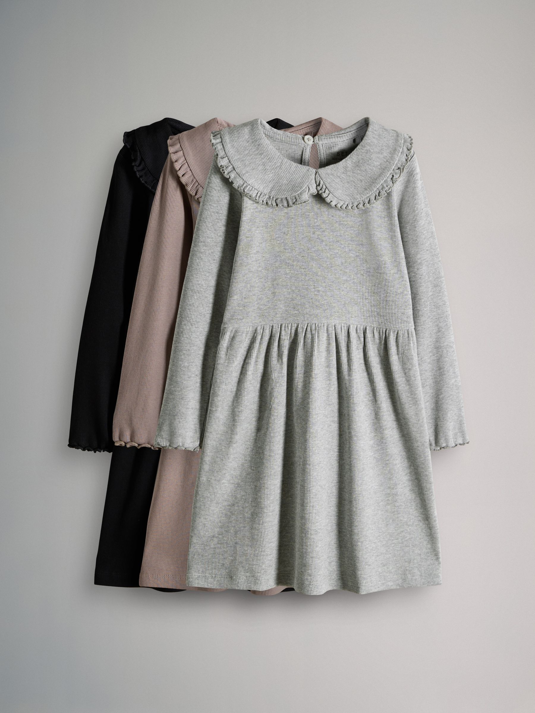 Black/Brown/Grey Marl - 3 Pack Rib Long Sleeve Collar Dresses - Image 1 of 6