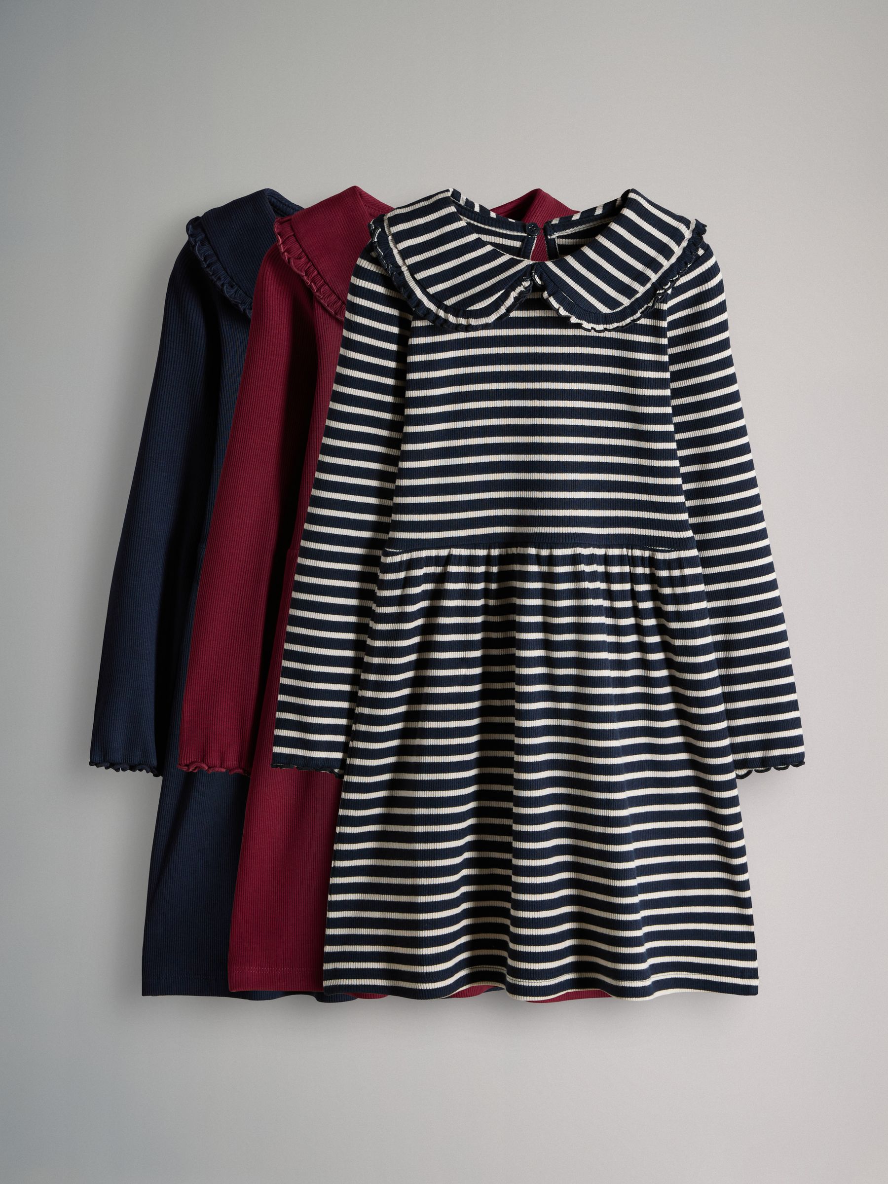 Navy/Red/Stripe - 3 Pack Rib Long Sleeve Collar Dresses - Image 2 of 12